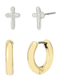 AllSaints Gold Tone Cross & Huggie Hoop Duo Earrings Set