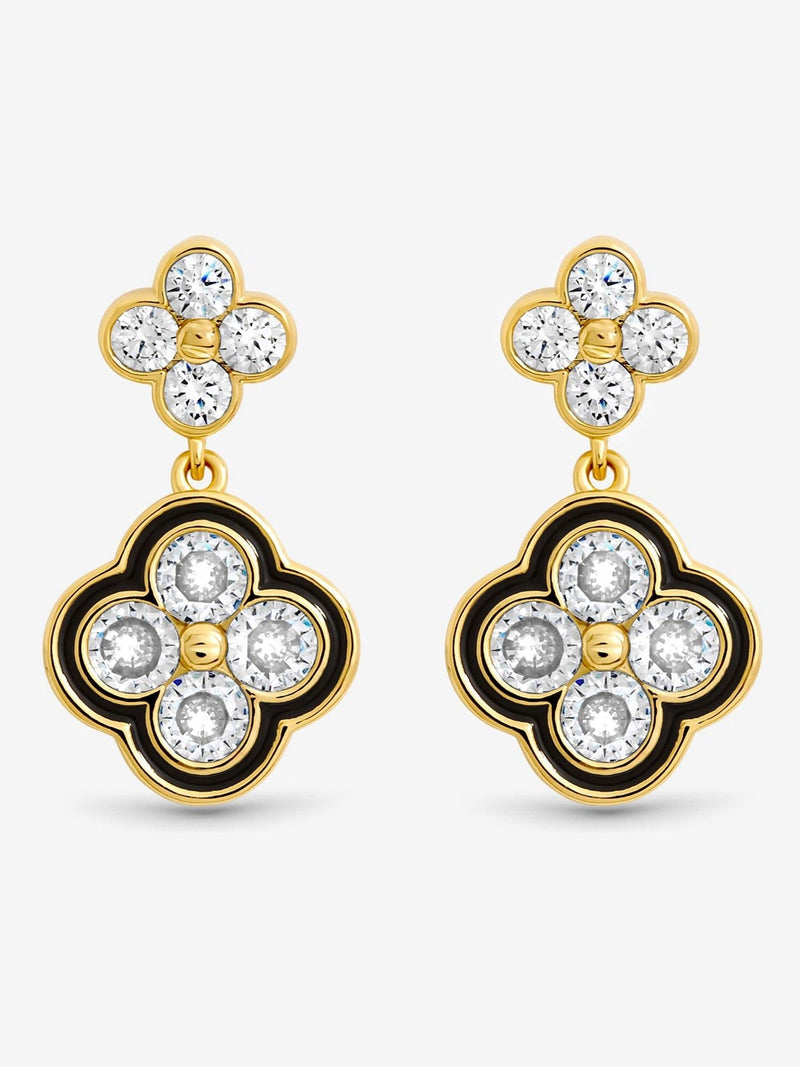 Gold Plated Jet and Crystal Clover Stud Earrings 13mm x 24mm