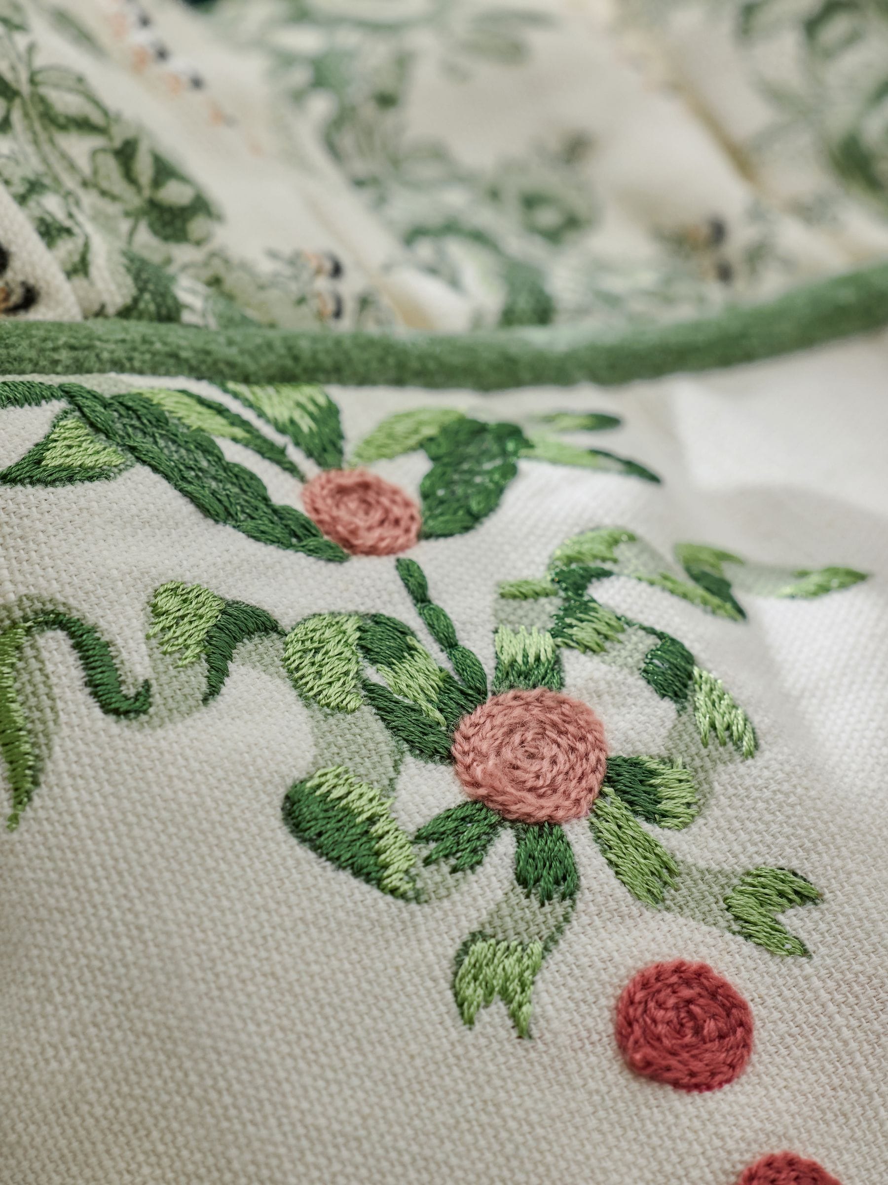 Cath Kidston green heraldry embroidered ruffle edge cushion 45cm - British product