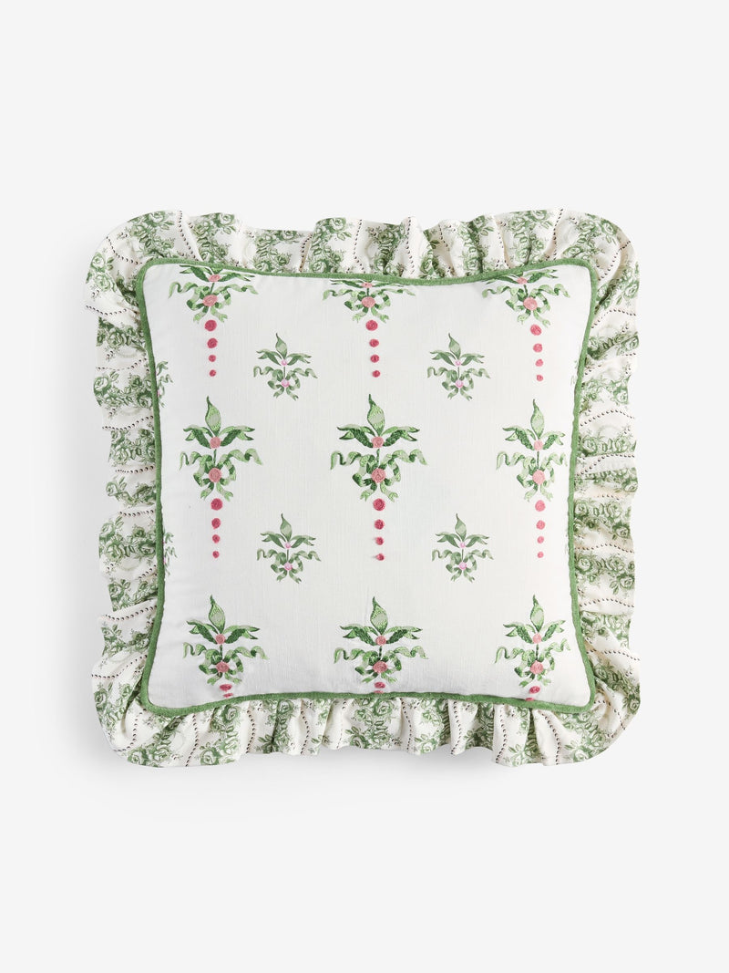 Cath Kidston green heraldry embroidered ruffle edge cushion 45cm - British product