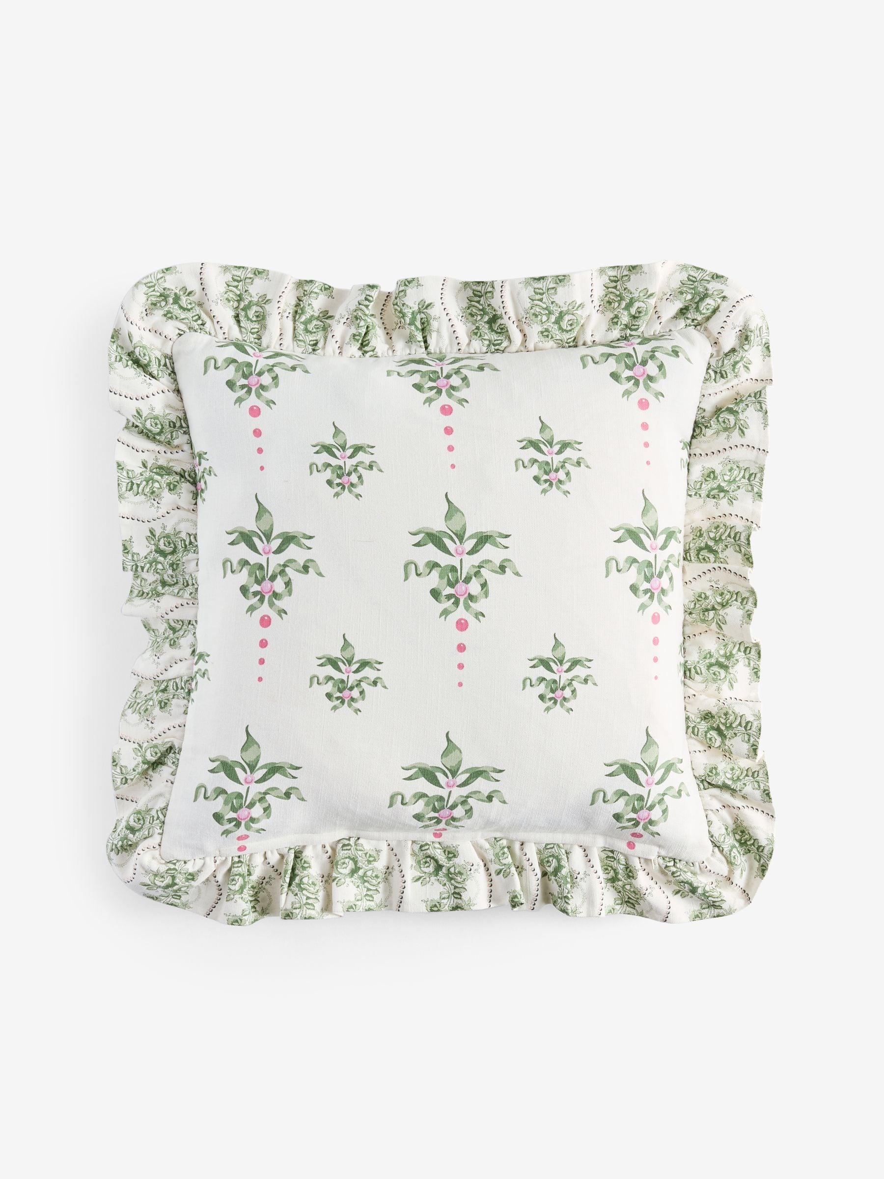 Cath Kidston green heraldry embroidered ruffle edge cushion 45cm - British product