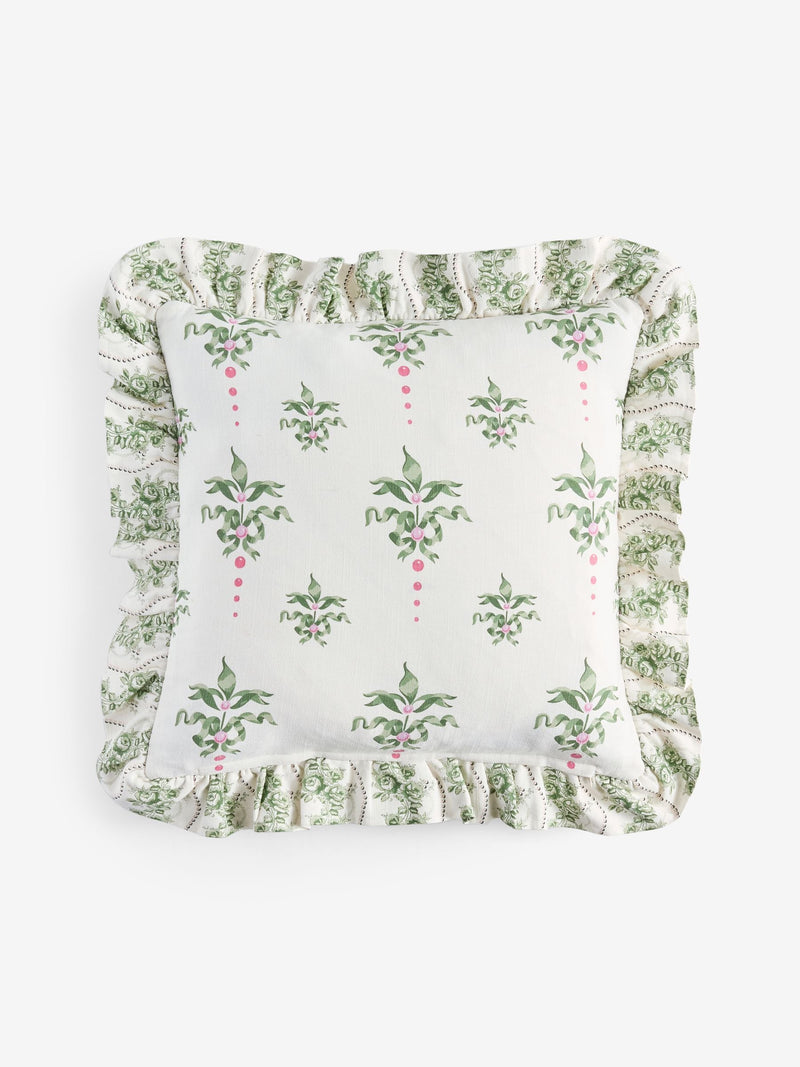 Cath Kidston green heraldry embroidered ruffle edge cushion 45cm - British product