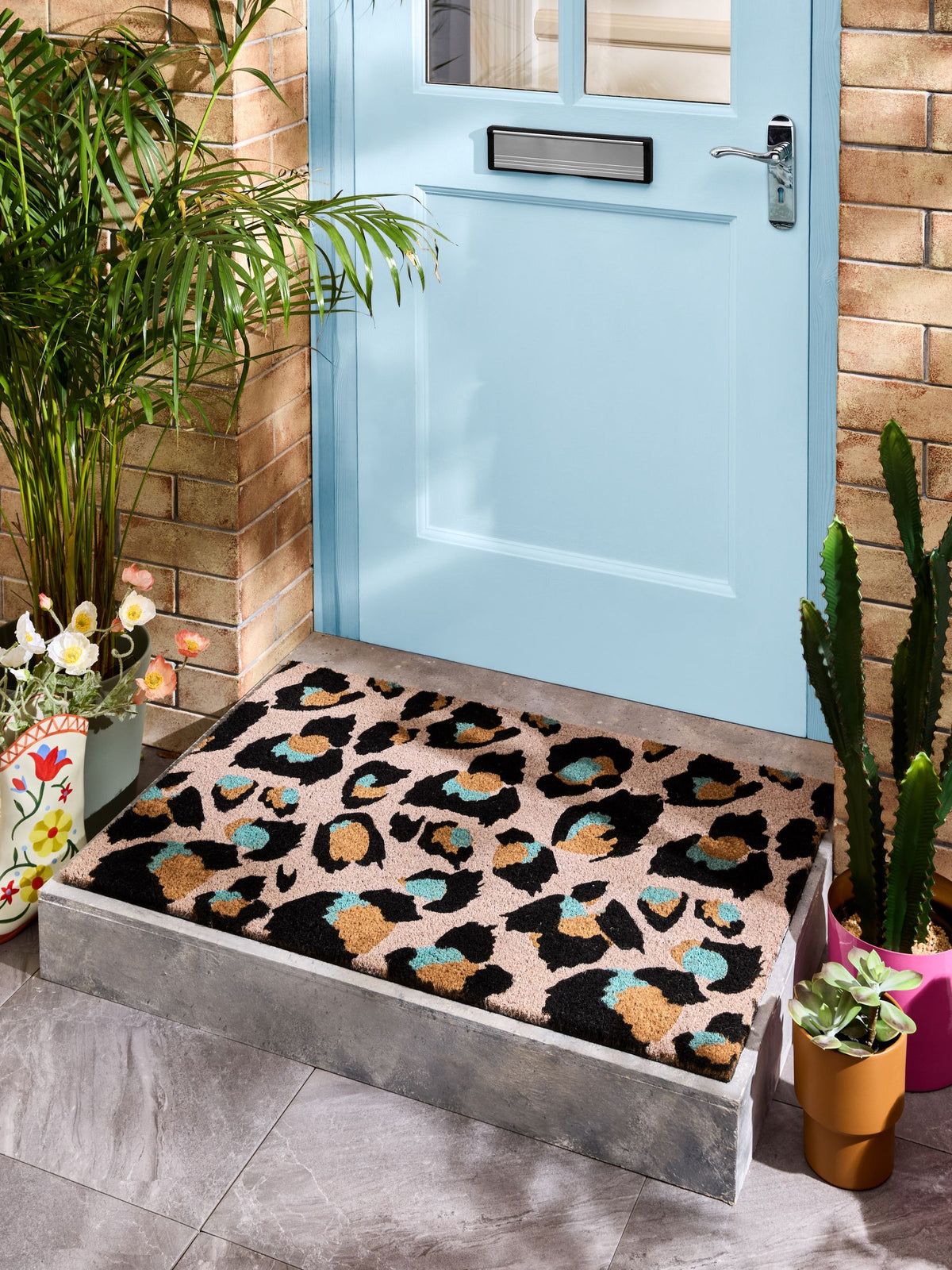 Eleanor Bowmer pink leopard print doormat, imported from the UK