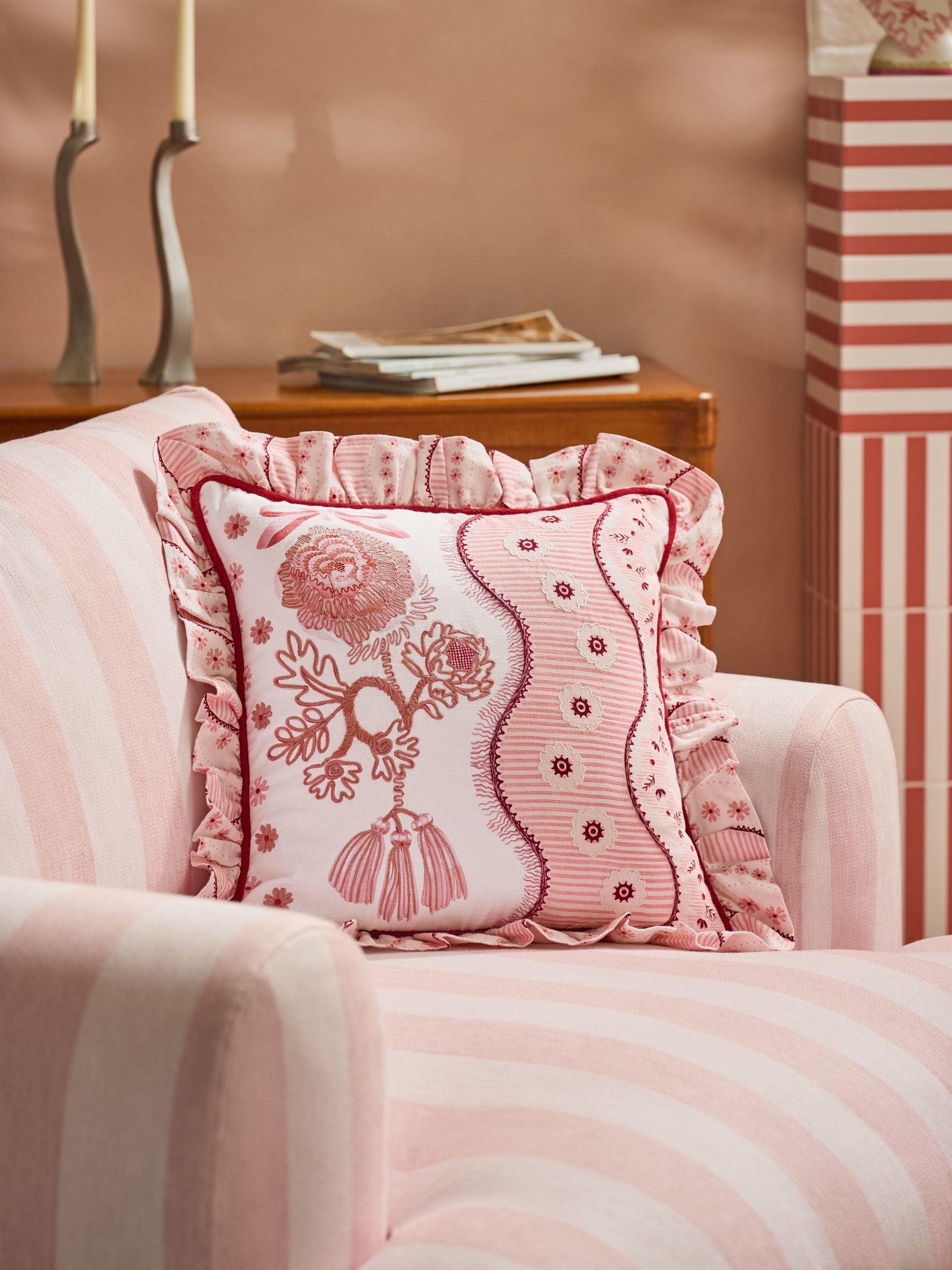 Cath Kidston pink Spitalfields embroidered cushion 45cm, UK version