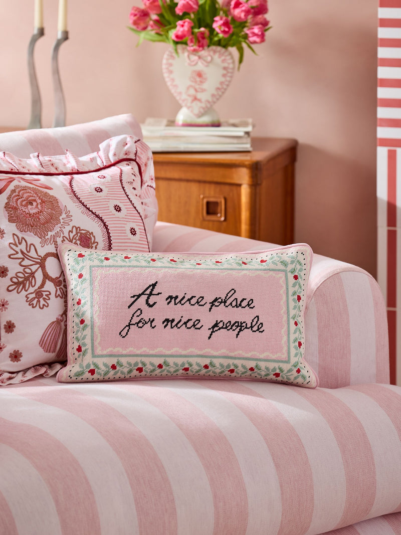 Cath Kidston pink needlepoint cushion with slogan, UK version