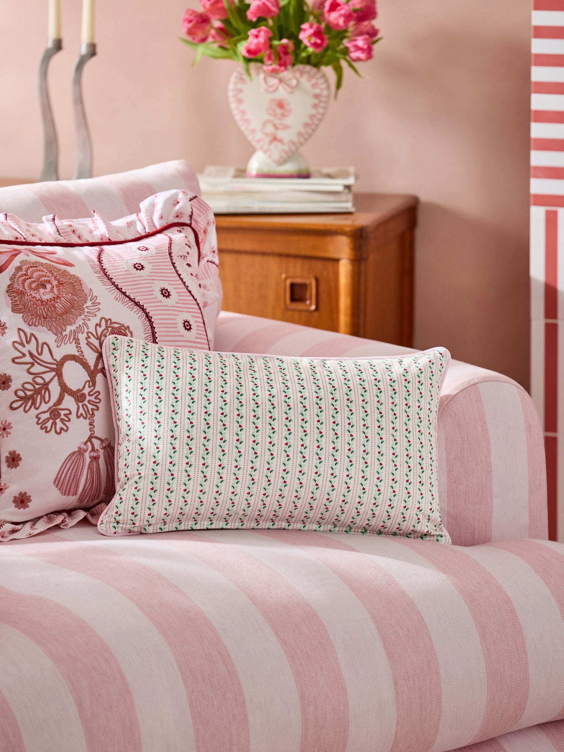 Cath Kidston pink needlepoint cushion with slogan, UK version