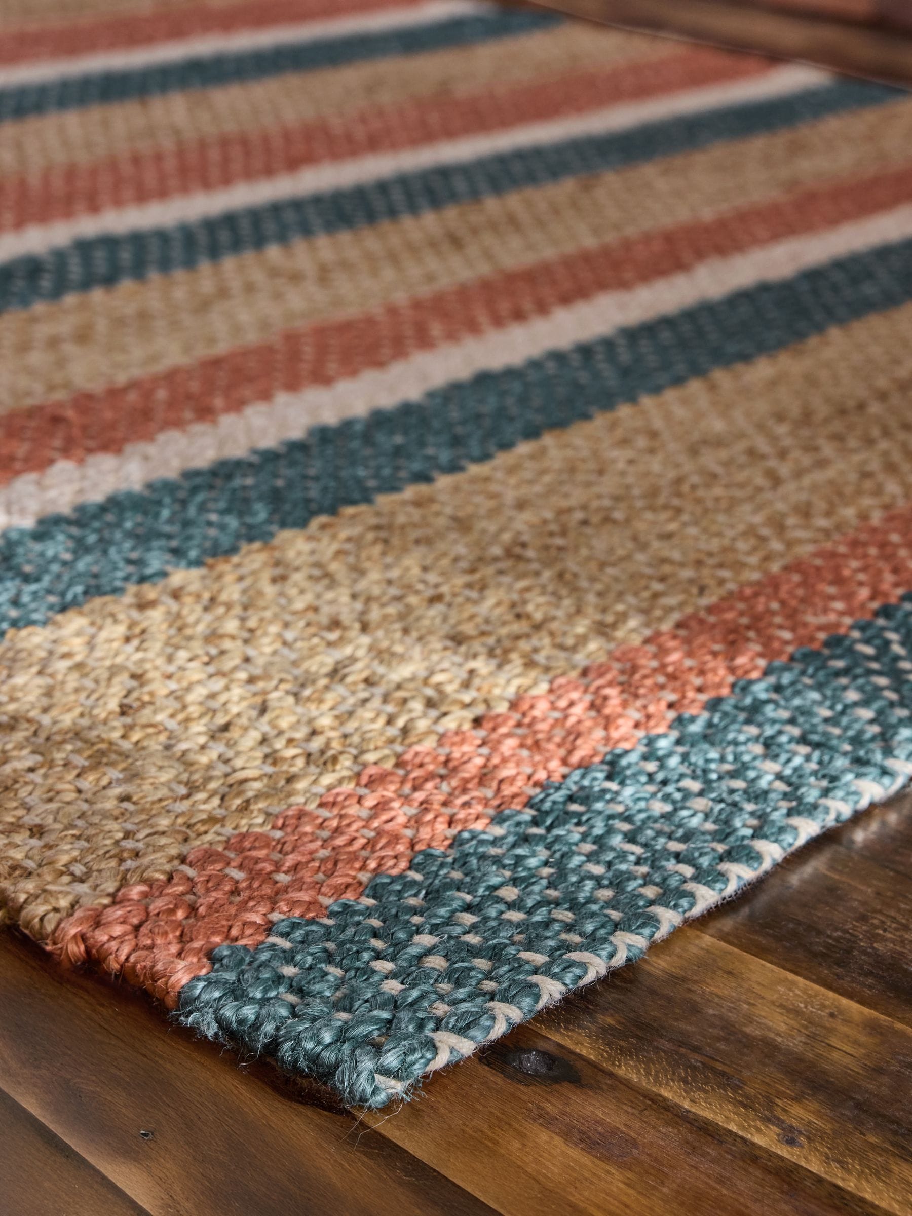 FatFace red blue stripe jute flatweave rug, UK version