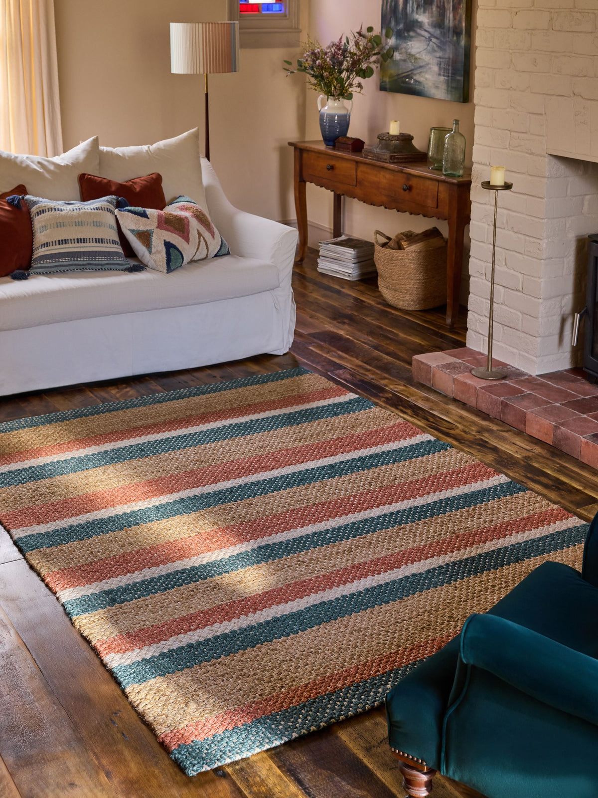 FatFace red blue stripe jute flatweave rug, UK version