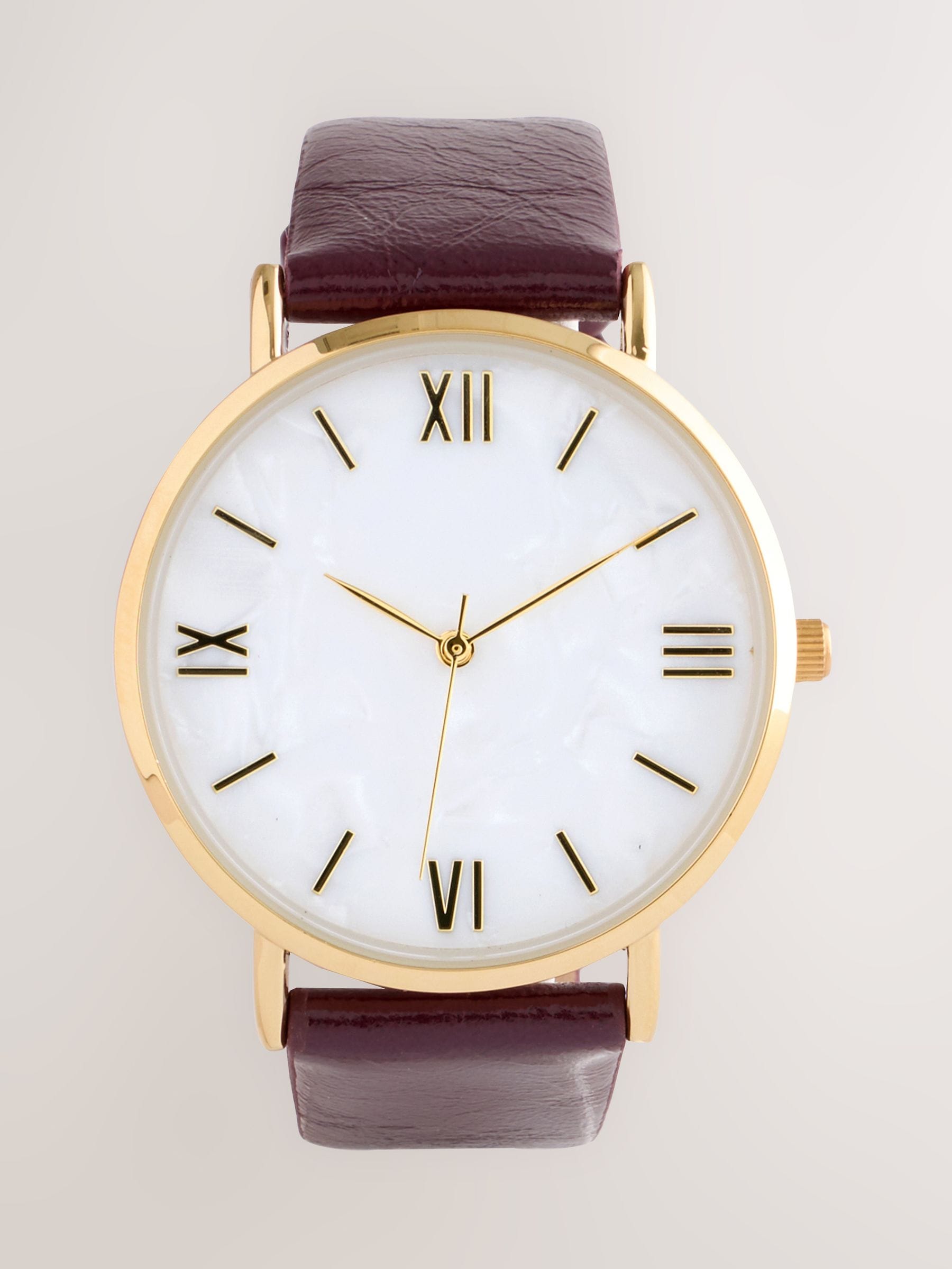 Burgundy red round case leather strap watch, UK version
