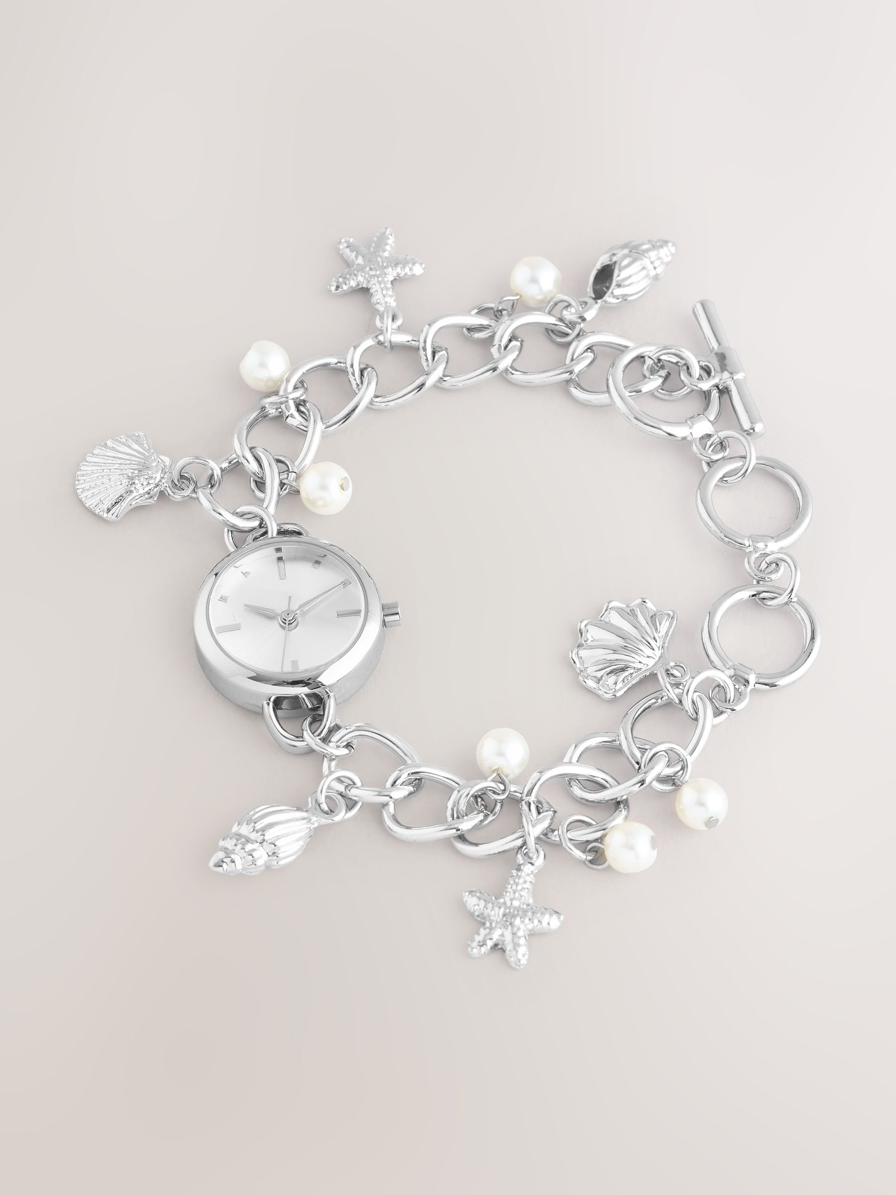 Silver tone pearl effect charm bracelet watch 2cm - British product