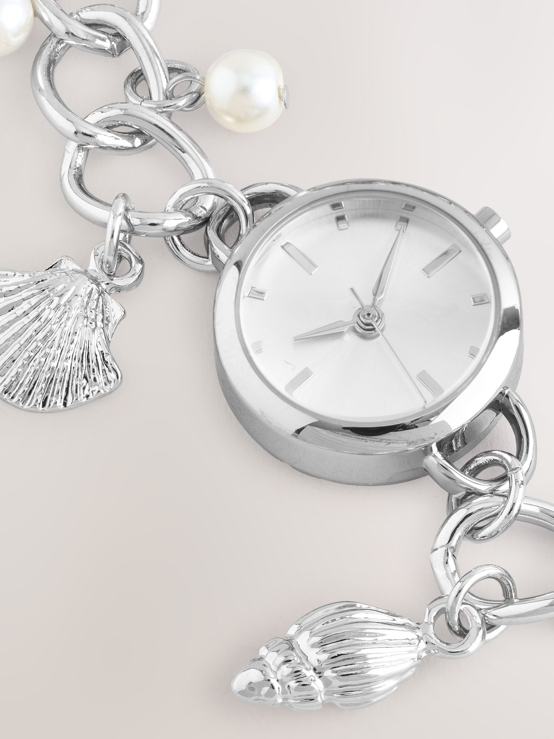Silver tone pearl effect charm bracelet watch 2cm - British product