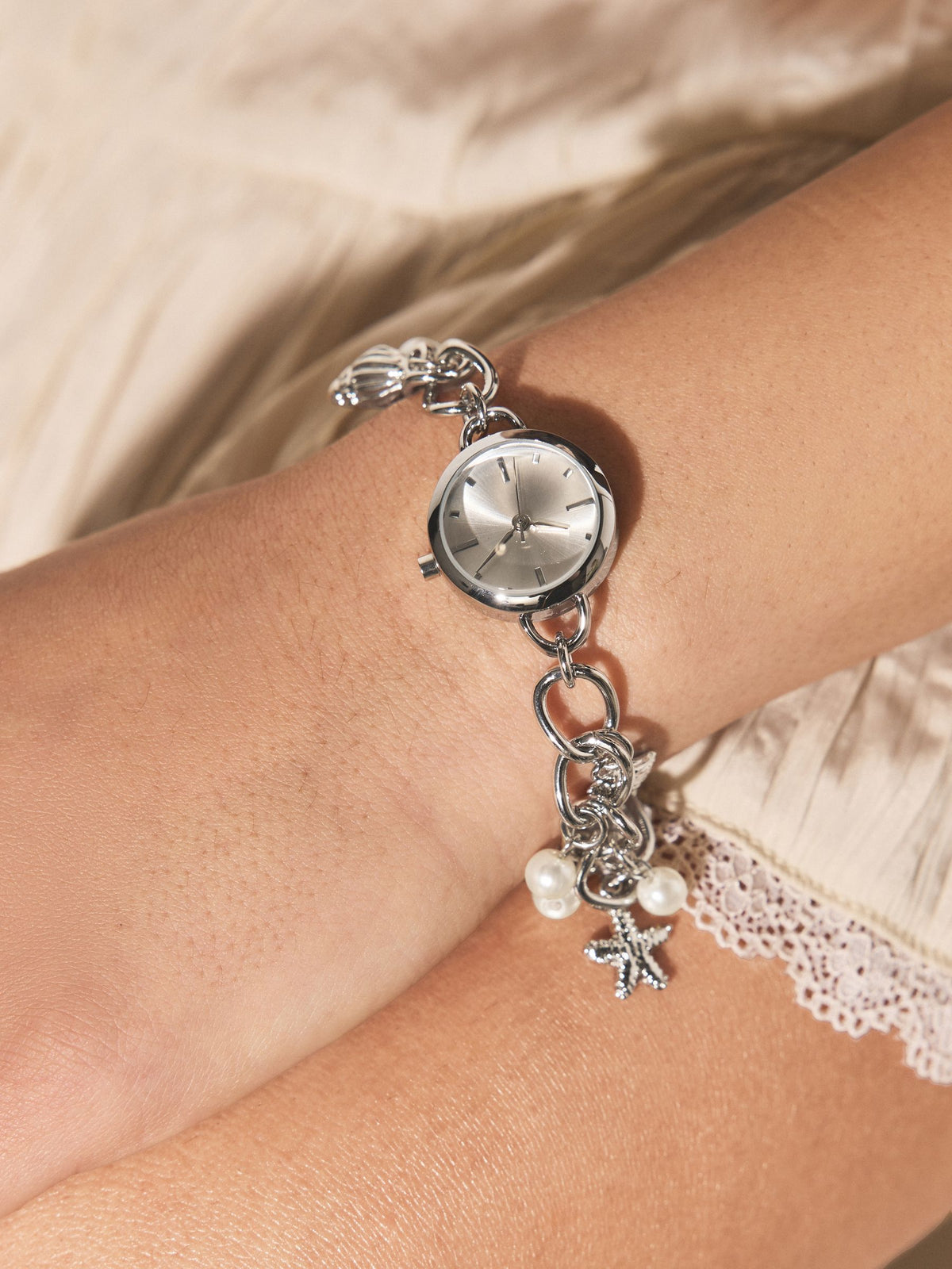 Silver tone pearl effect charm bracelet watch 2cm - British product