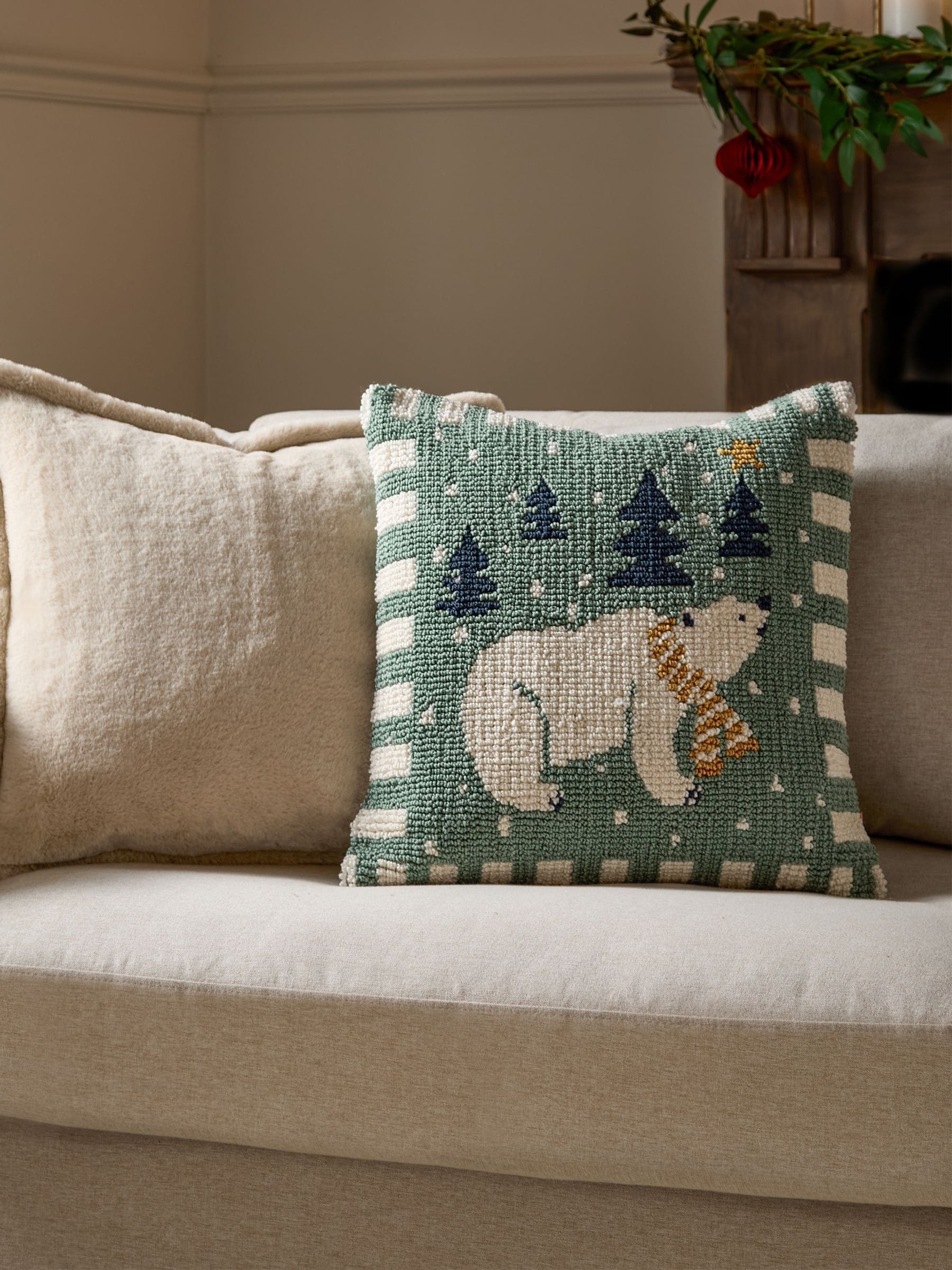 Furn Frosty Blue polar bear tufted cushion 45cm, UK version