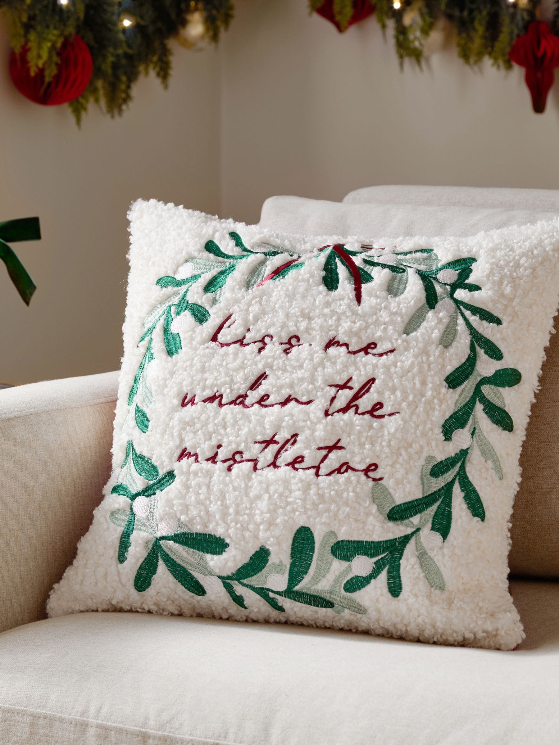 Furn mistletoe wreath embroidered cushion 45cm (British brand)