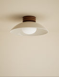 Retro wooden ribbed flush ceiling light with glass shade, imported from the UK