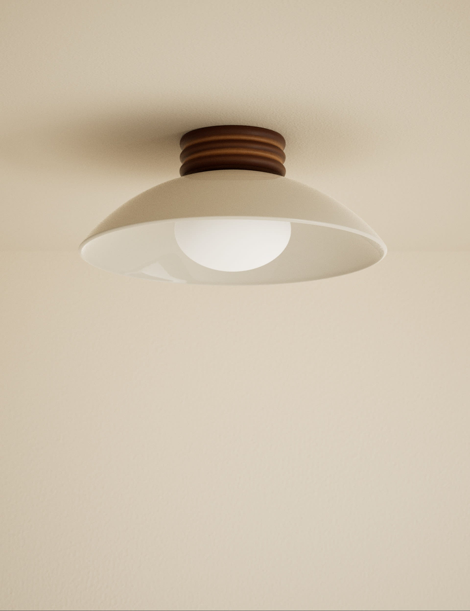 Retro wooden ribbed flush ceiling light with glass shade, imported from the UK
