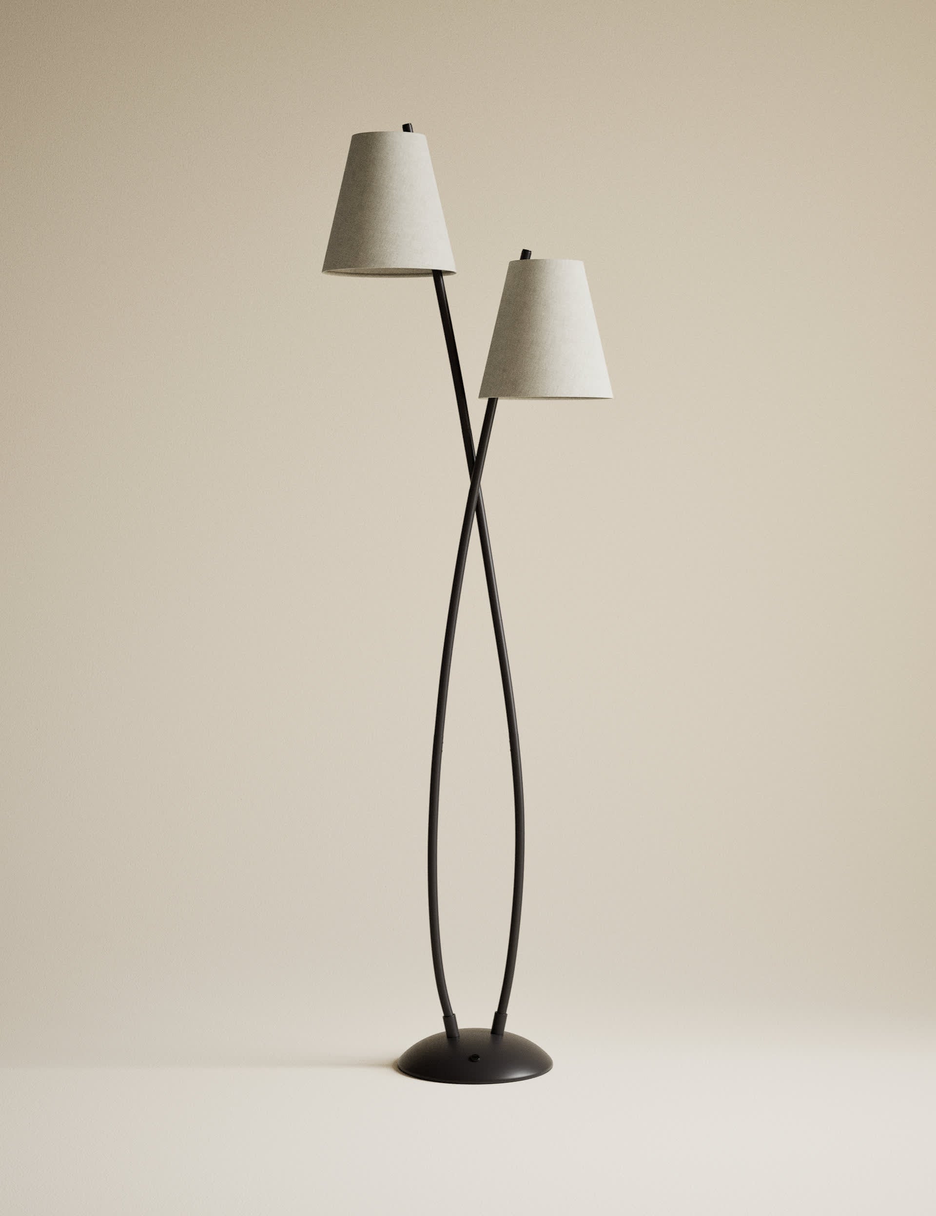 Rechargeable curved double floor lamp with fabric shades, imported from the UK