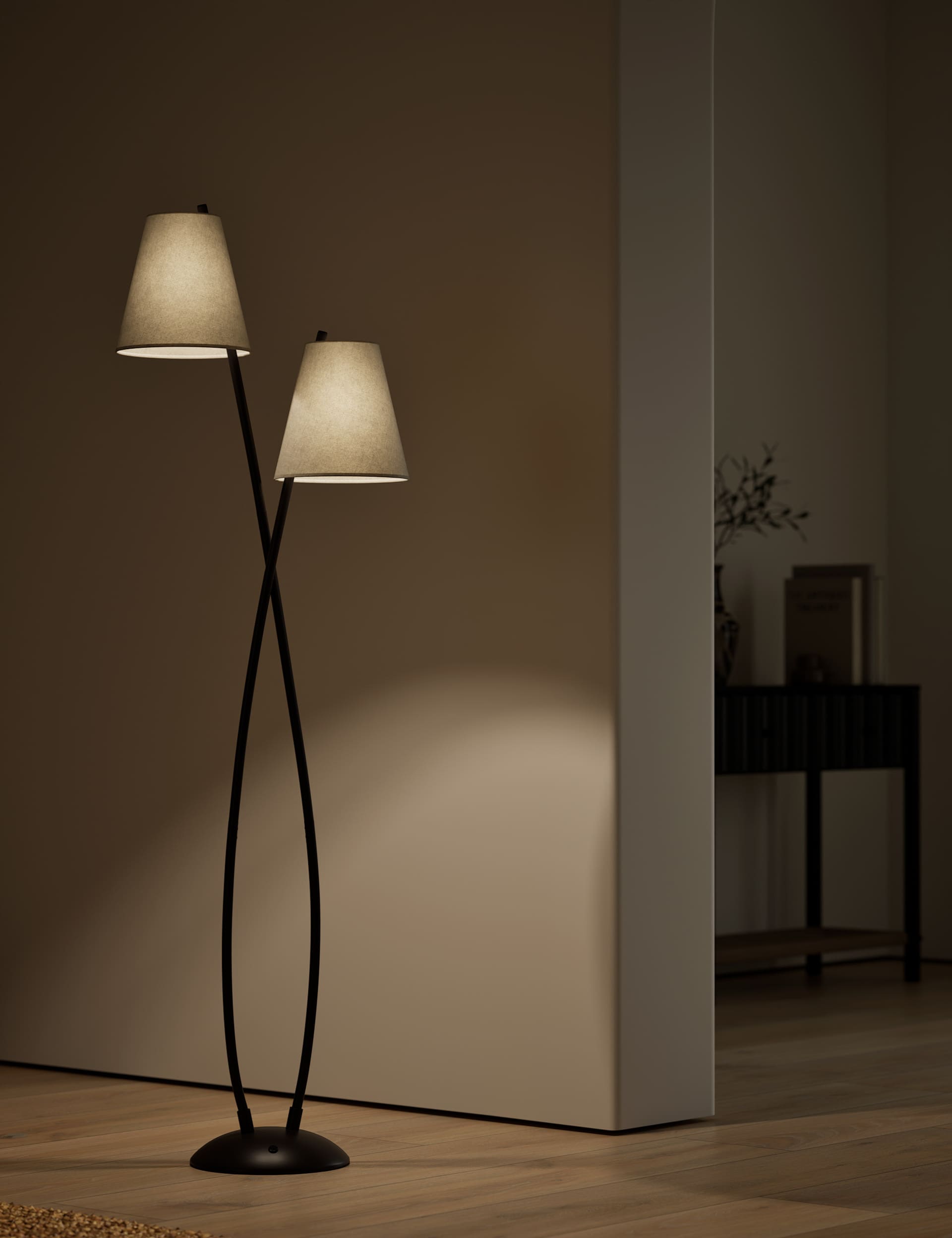 Rechargeable curved double floor lamp with fabric shades, imported from the UK