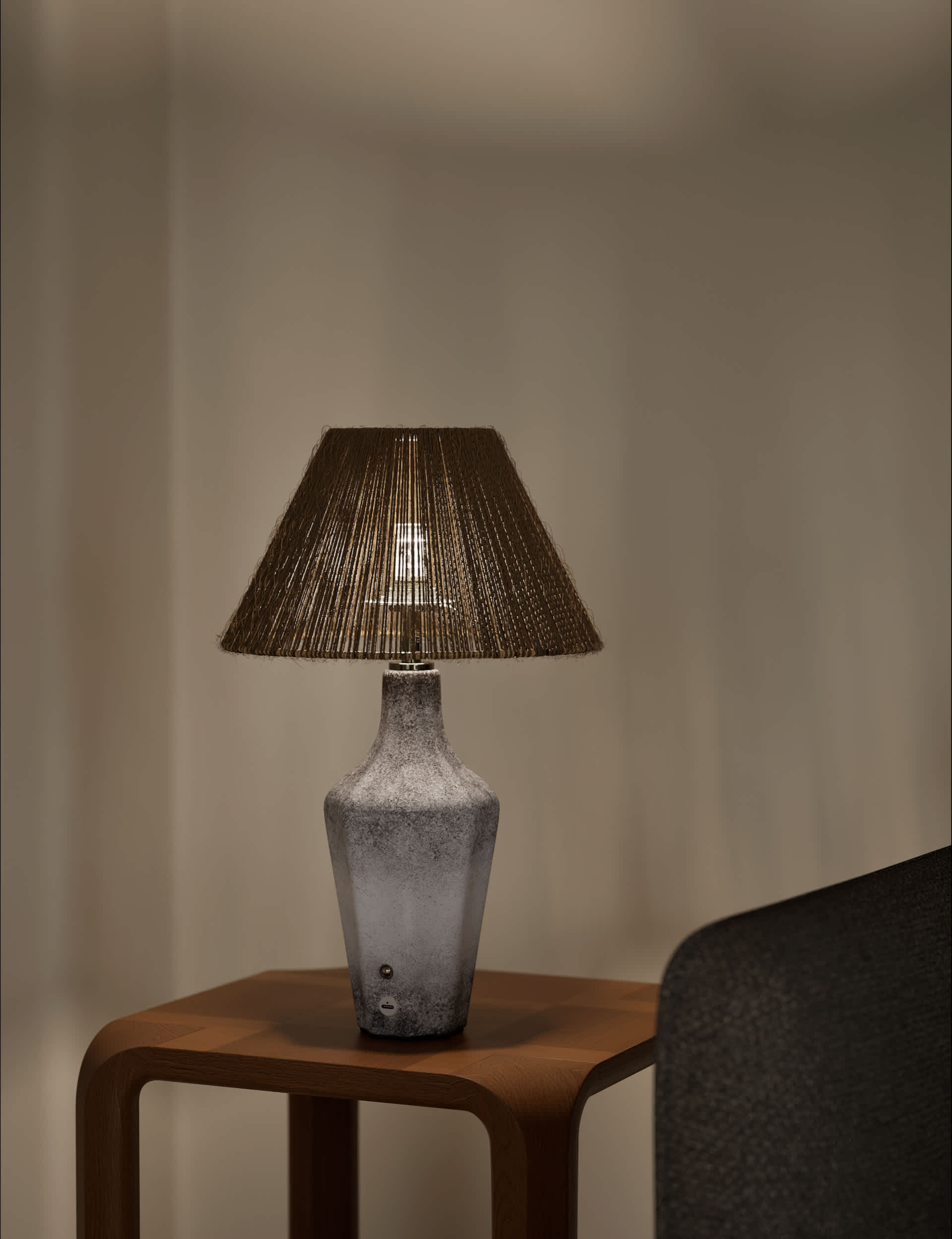 Rechargeable table lamp with ceramic base and jute shade, imported from the UK
