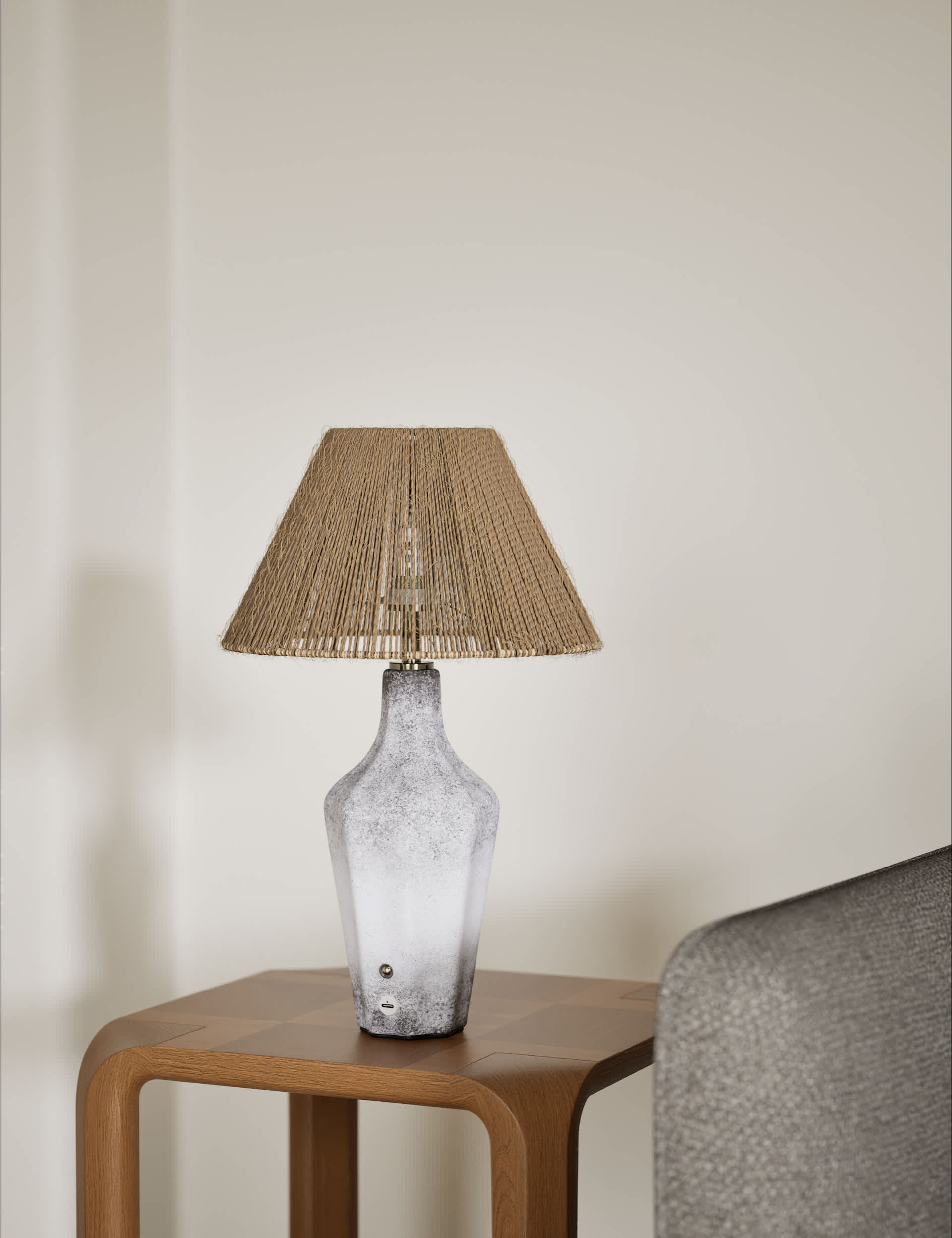 Rechargeable table lamp with ceramic base and jute shade, imported from the UK