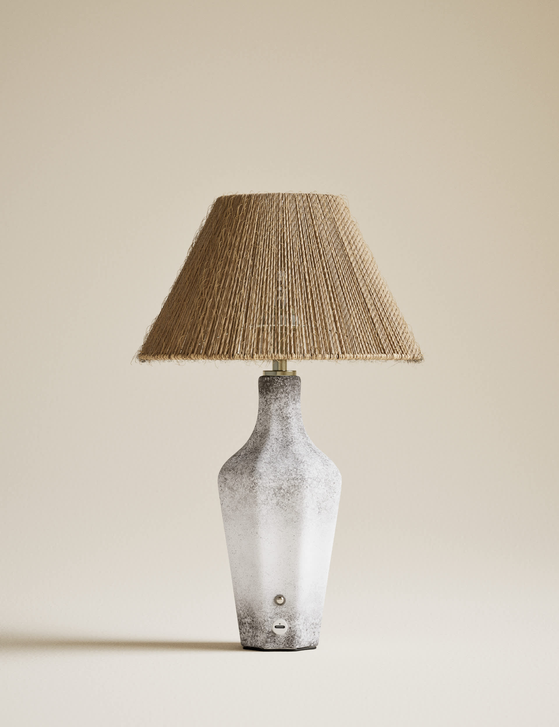 Rechargeable table lamp with ceramic base and jute shade, imported from the UK