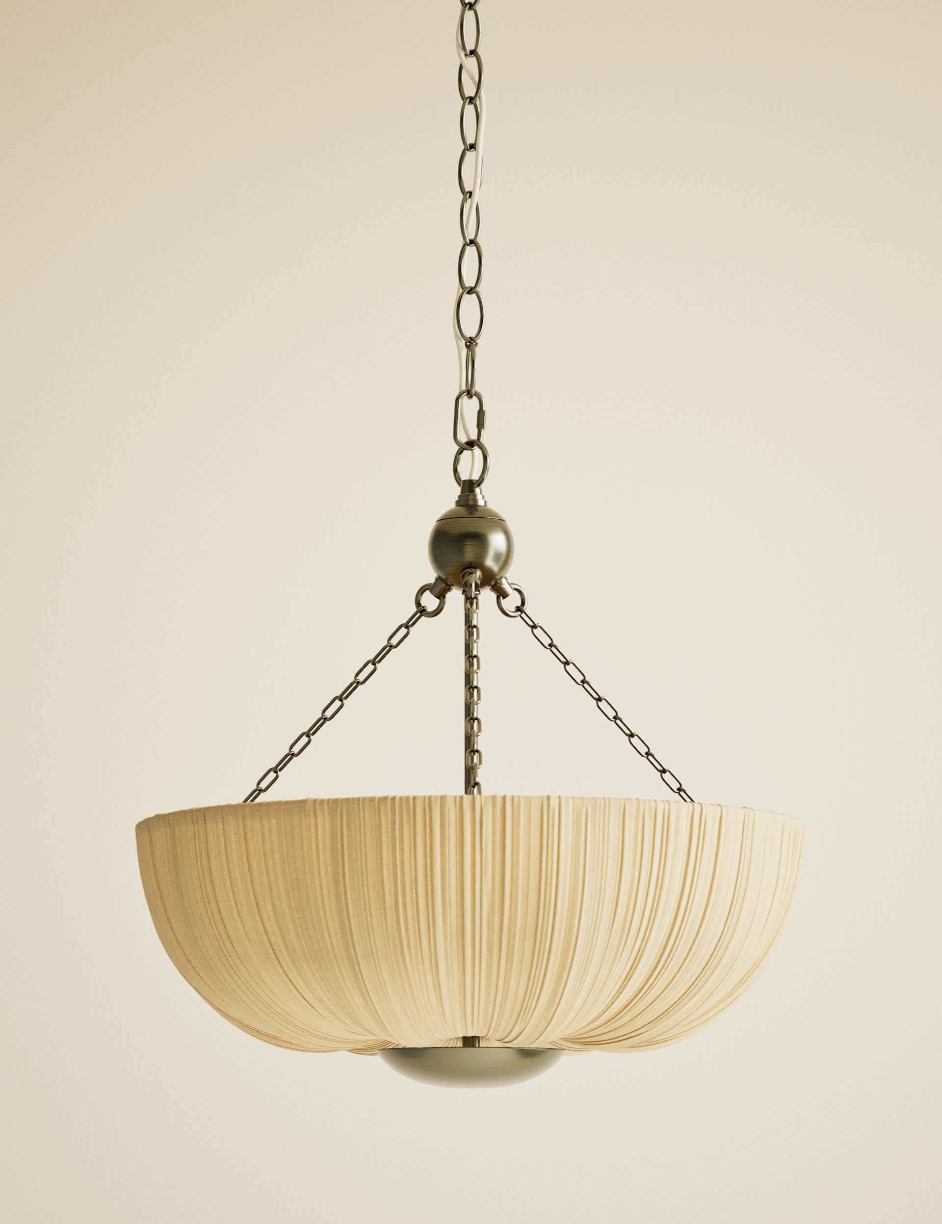 Pleated fabric uplighter pendant light with industrial chain, imported from the UK