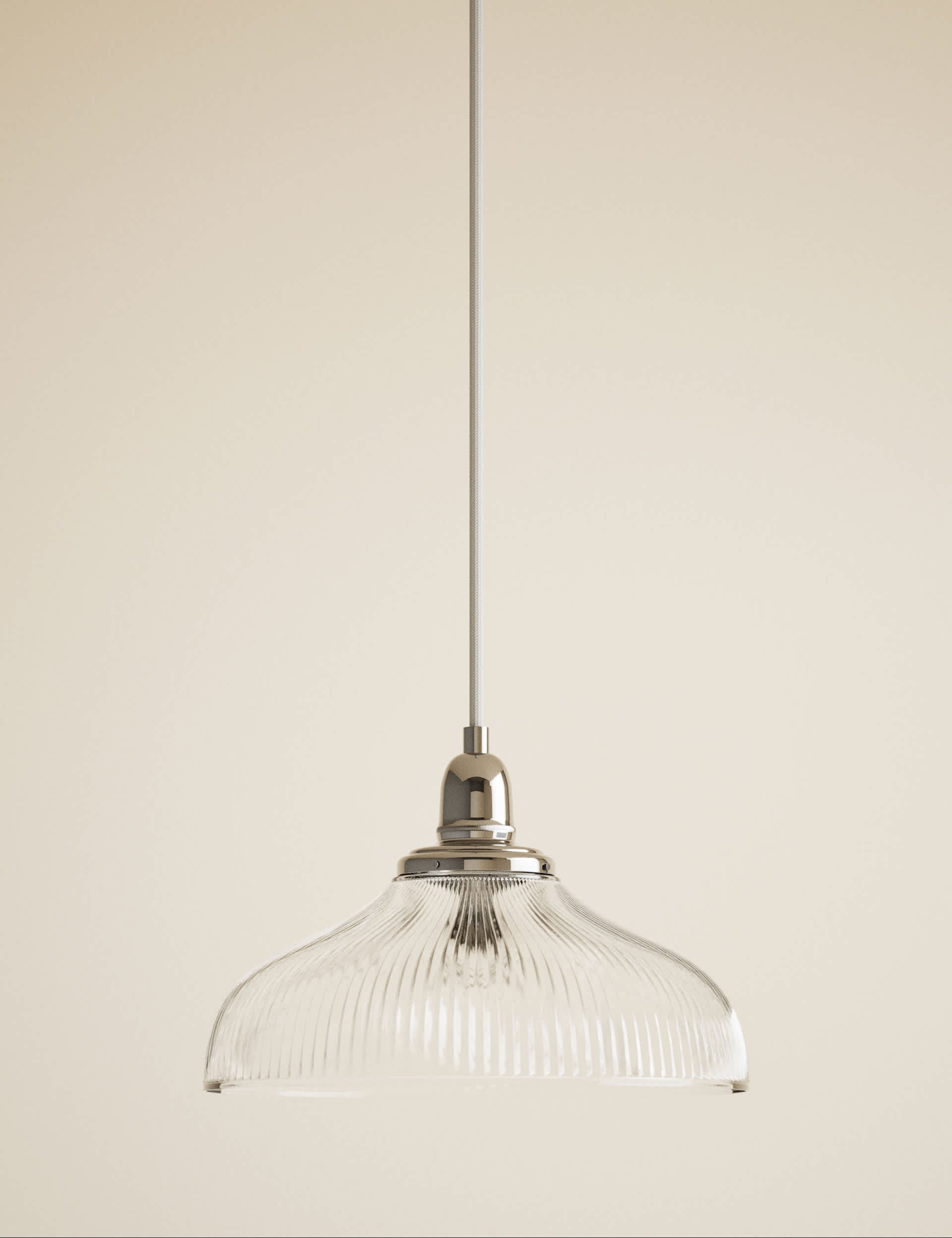 Florence single pendant light with ribbed glass shade and antique brass finish (British brand)