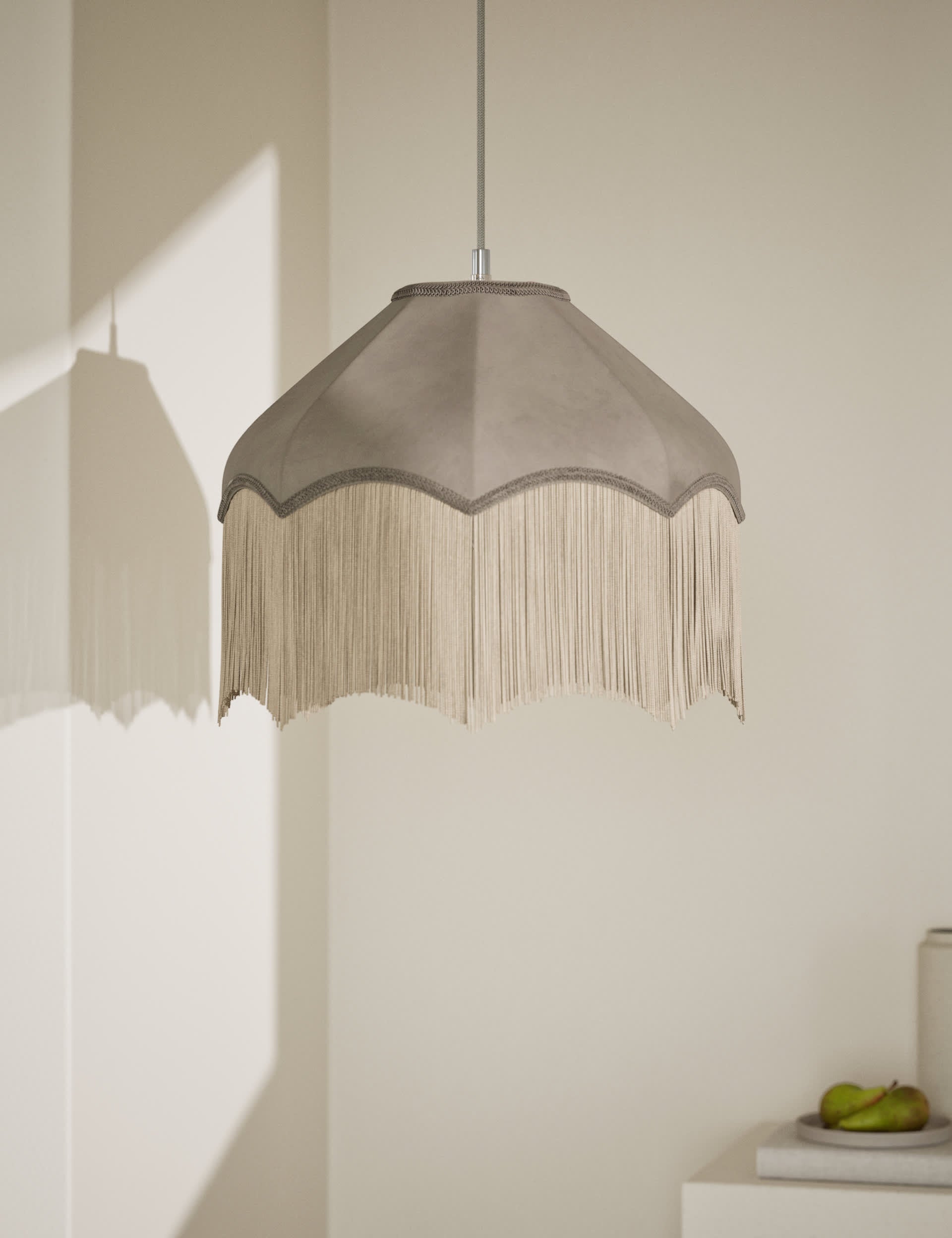 Fringed velvet lamp shade with braided tassel trim, imported from the UK