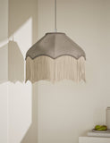 Fringed velvet lamp shade with braided tassel trim, imported from the UK