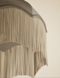 Fringed velvet lamp shade with braided tassel trim, imported from the UK