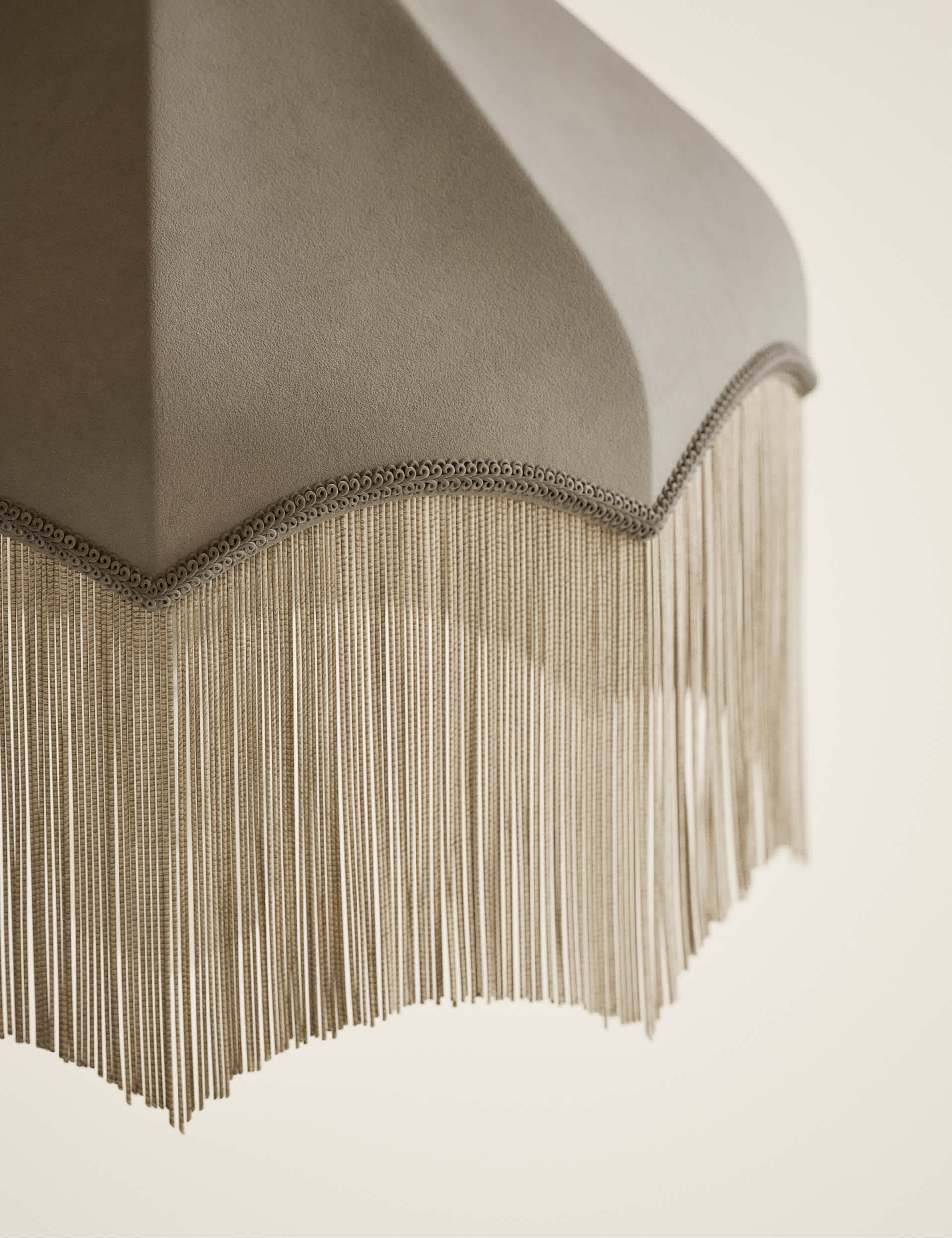 Fringed velvet lamp shade with braided tassel trim, imported from the UK