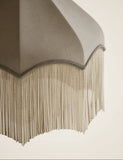 Fringed velvet lamp shade with braided tassel trim, imported from the UK