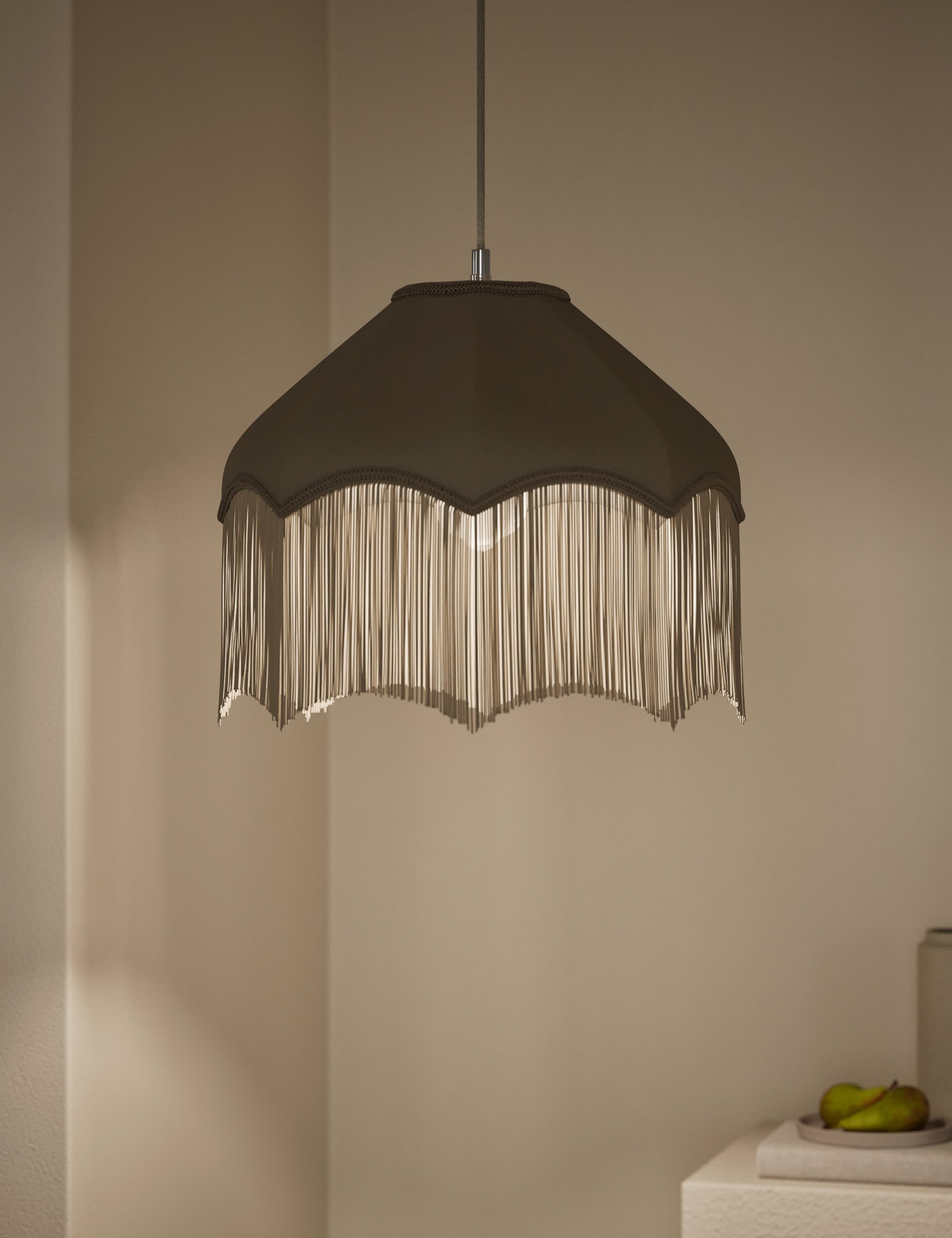 Fringed velvet lamp shade with braided tassel trim, imported from the UK