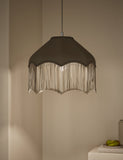 Fringed velvet lamp shade with braided tassel trim, imported from the UK