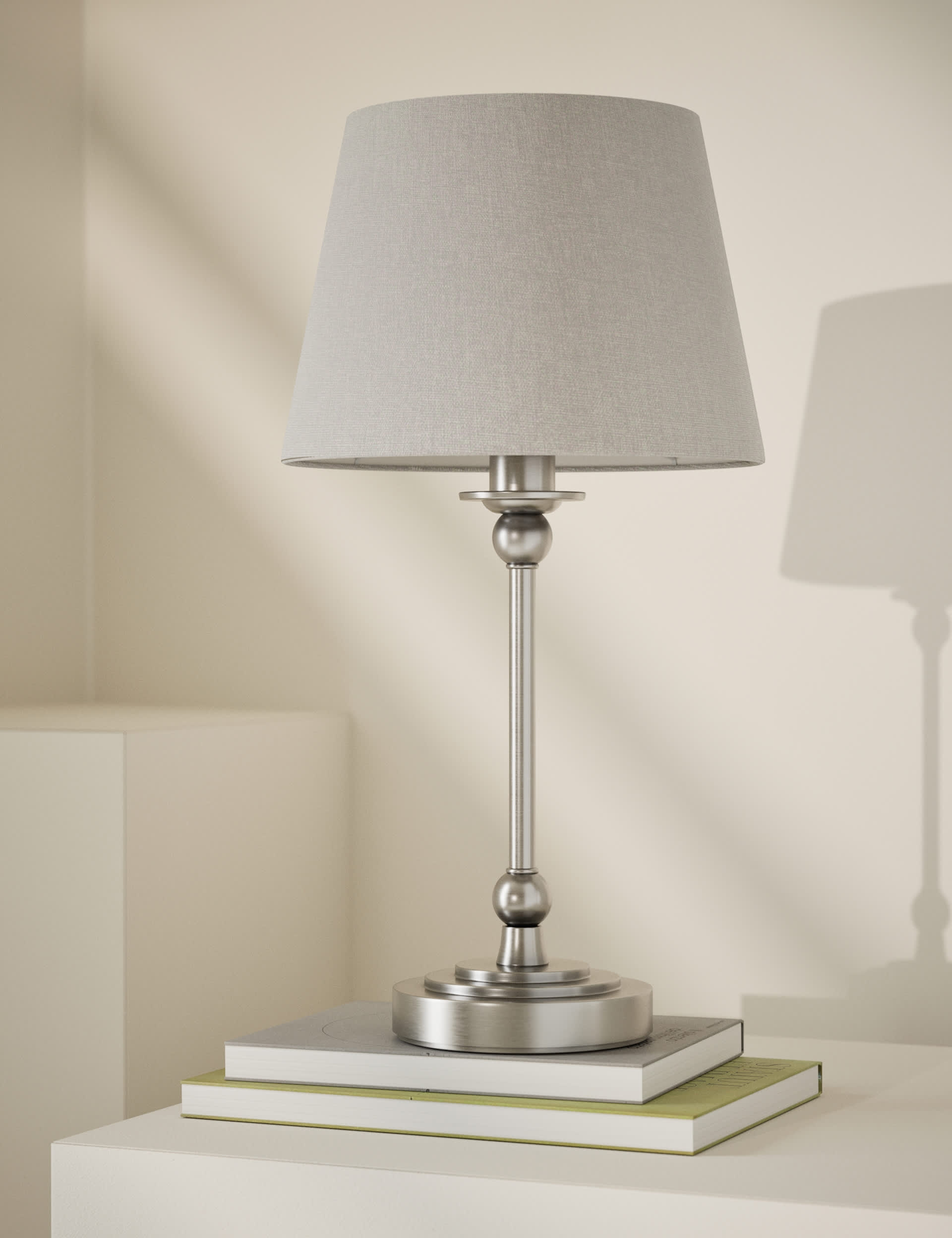 Blair table lamp with metal finish and linen shade (British brand)