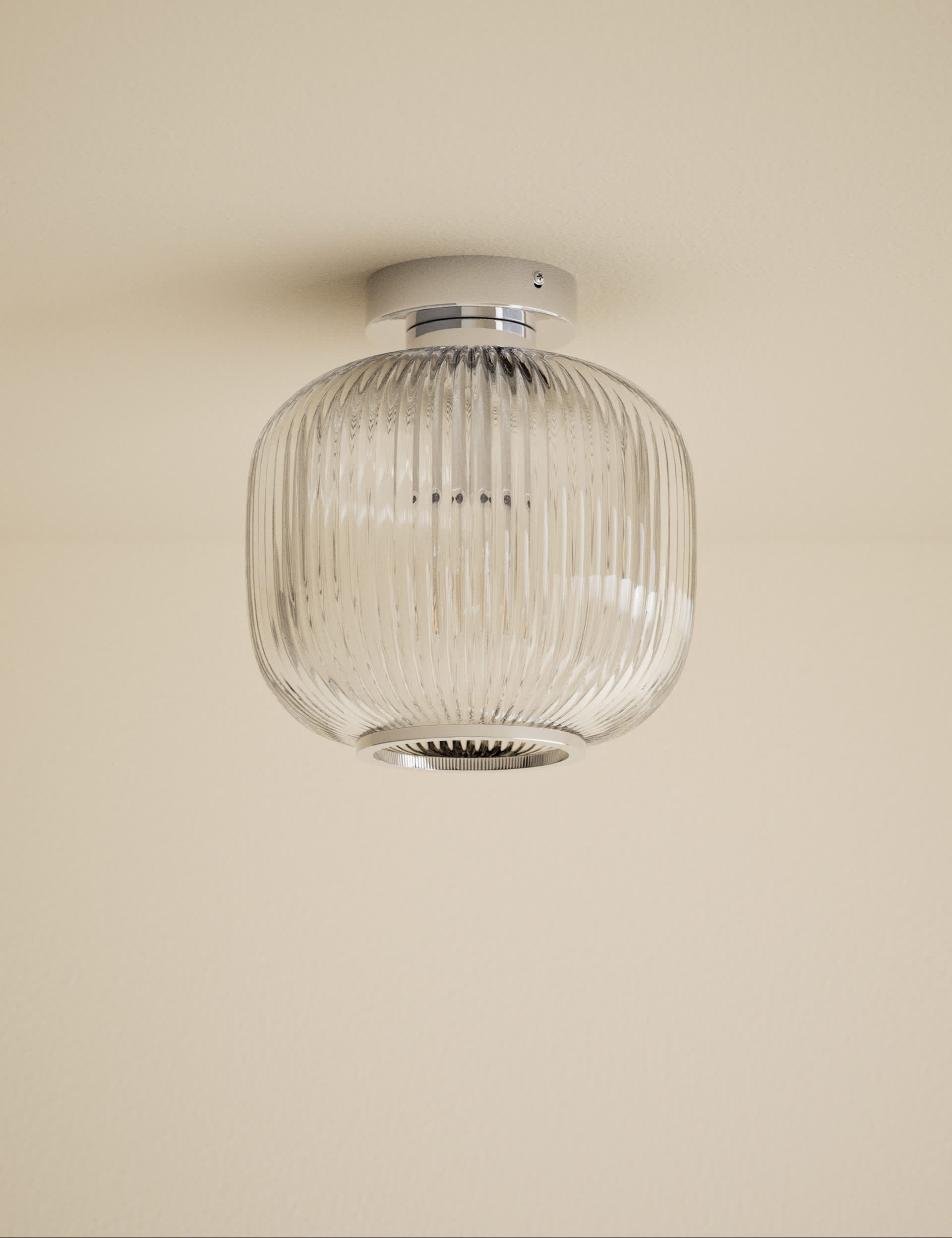 Amelia flush ceiling light with ribbed glass shade, imported from the UK