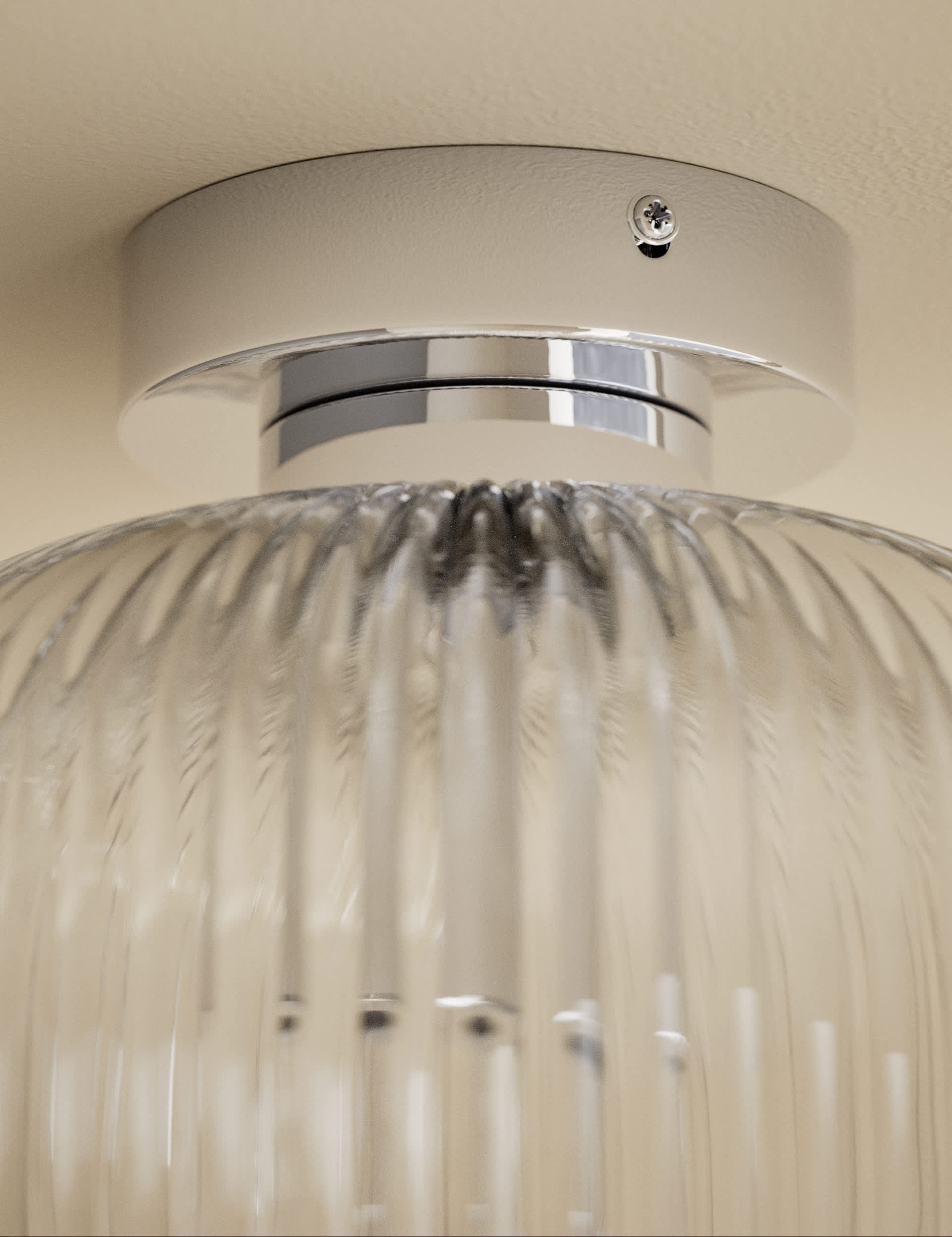 Amelia flush ceiling light with ribbed glass shade, imported from the UK