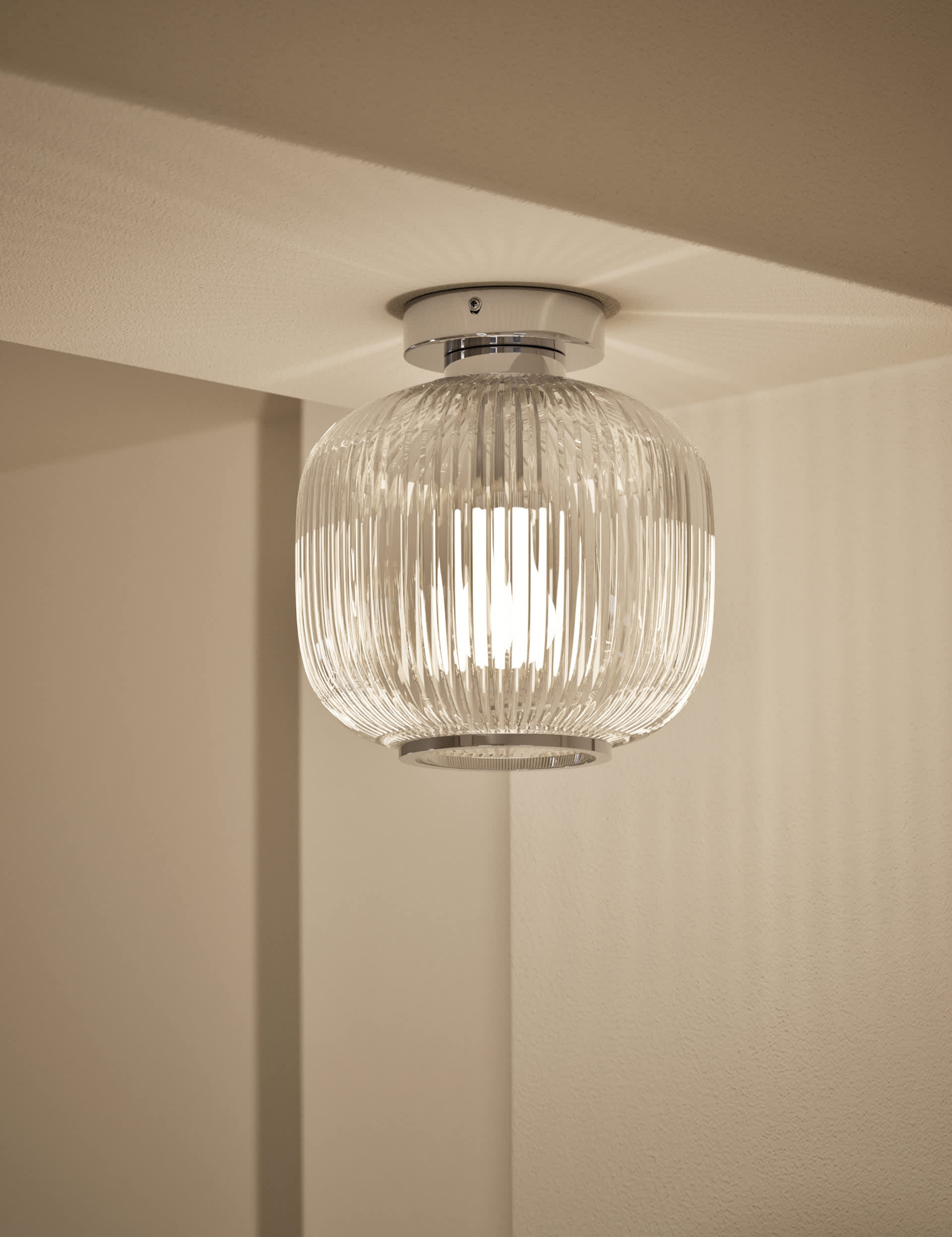 Amelia flush ceiling light with ribbed glass shade, imported from the UK