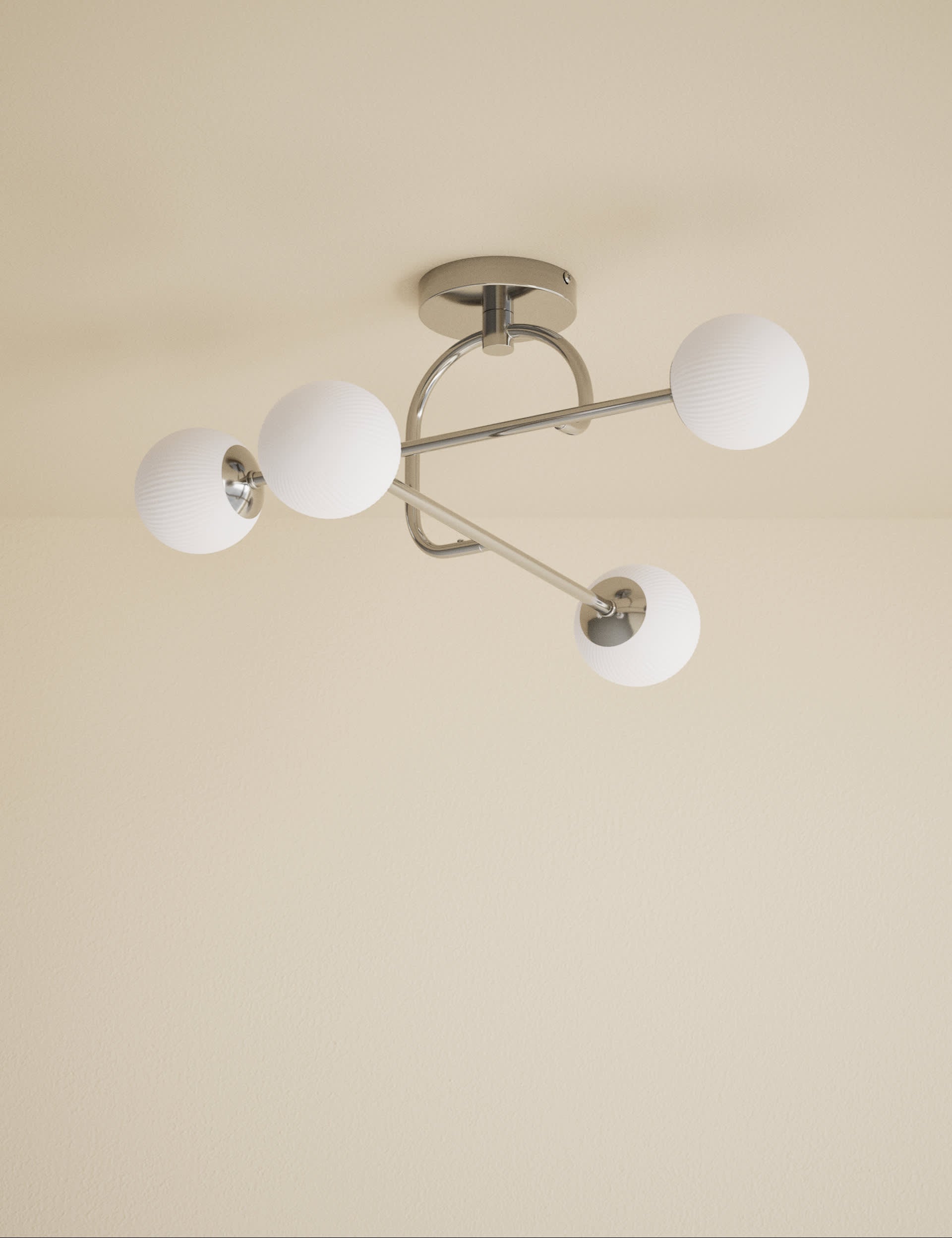 Parker flush ceiling light with metal frame and glass shades, imported from the UK