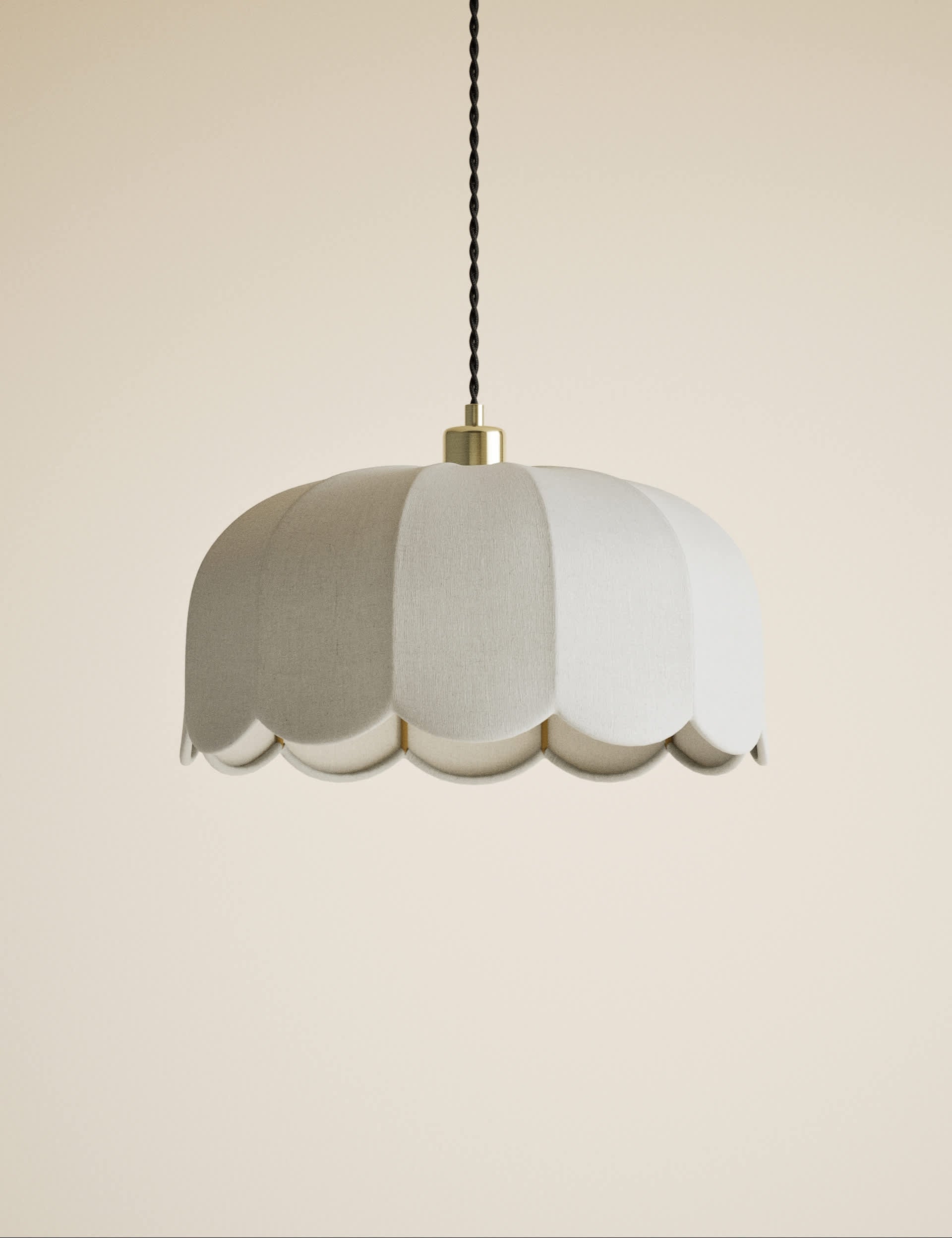 Pendant light scalloped linen with antique brass, imported from the UK