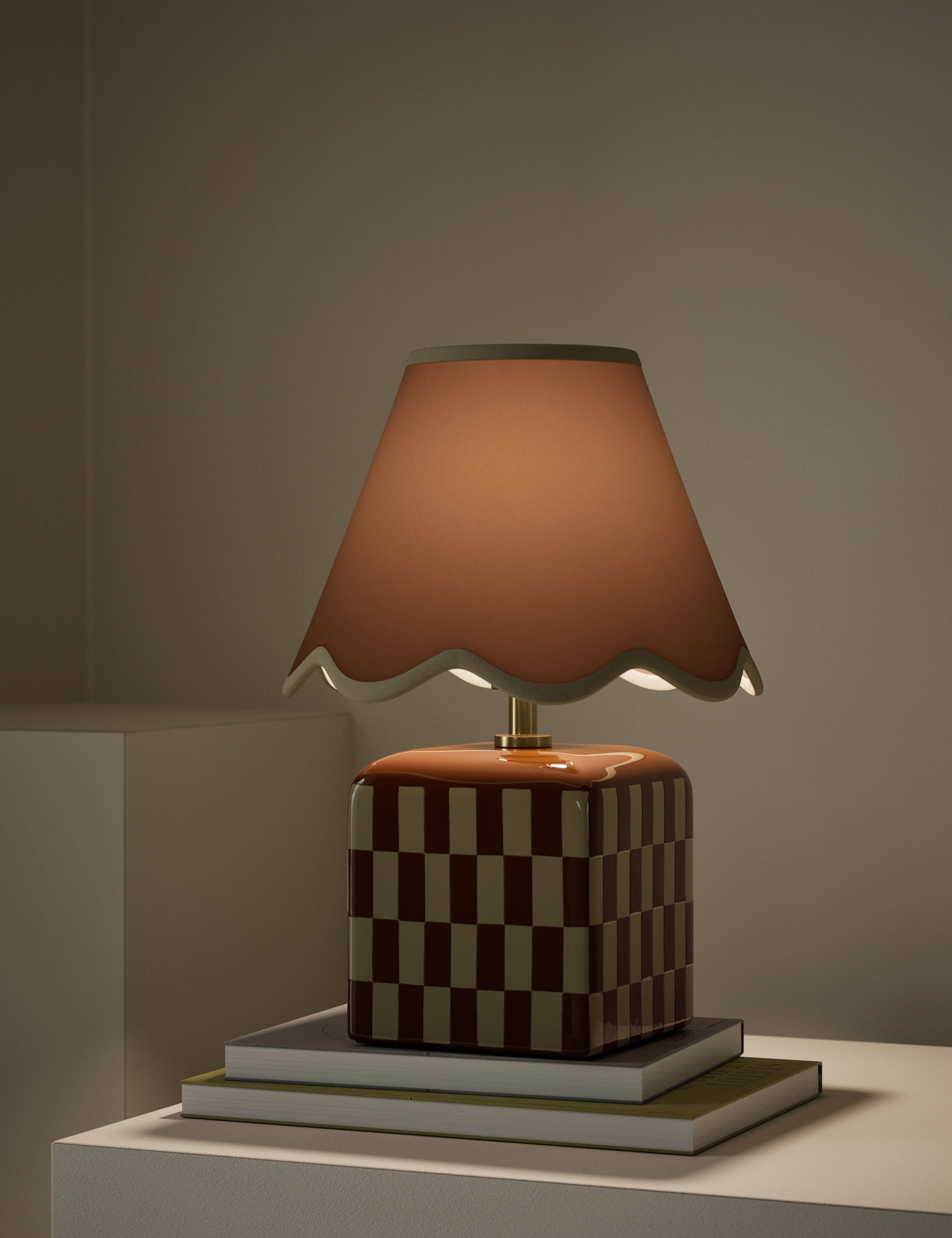 Checkerboard ceramic table lamp with scalloped shade, imported from the UK
