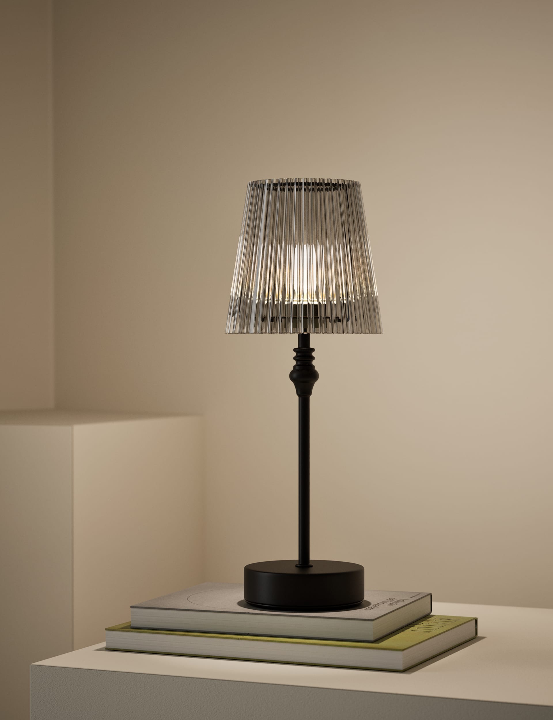 Rechargeable table lamp with metal base and acrylic shade - British product