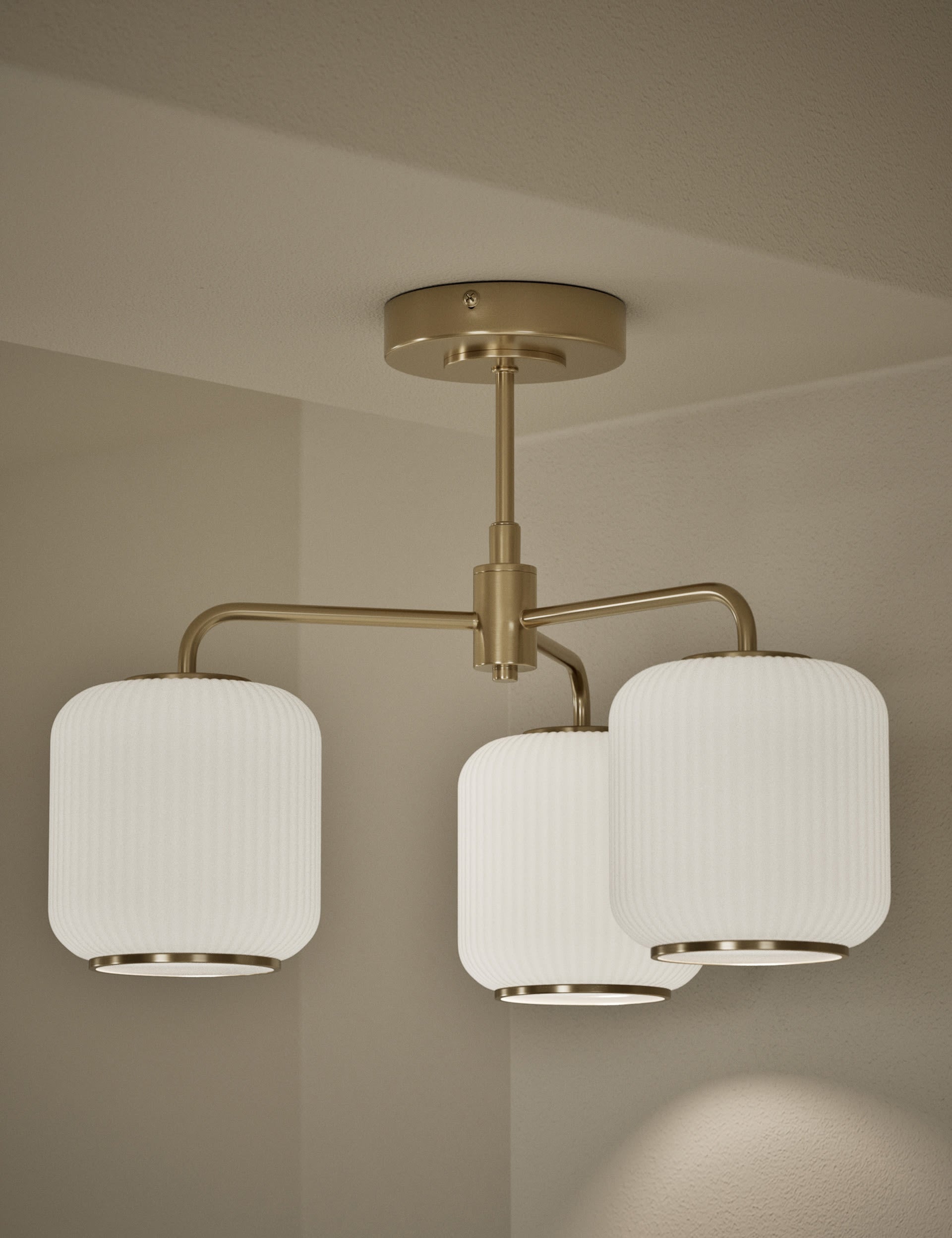 Amelia flush ceiling light ribbed glass shades, imported from the UK