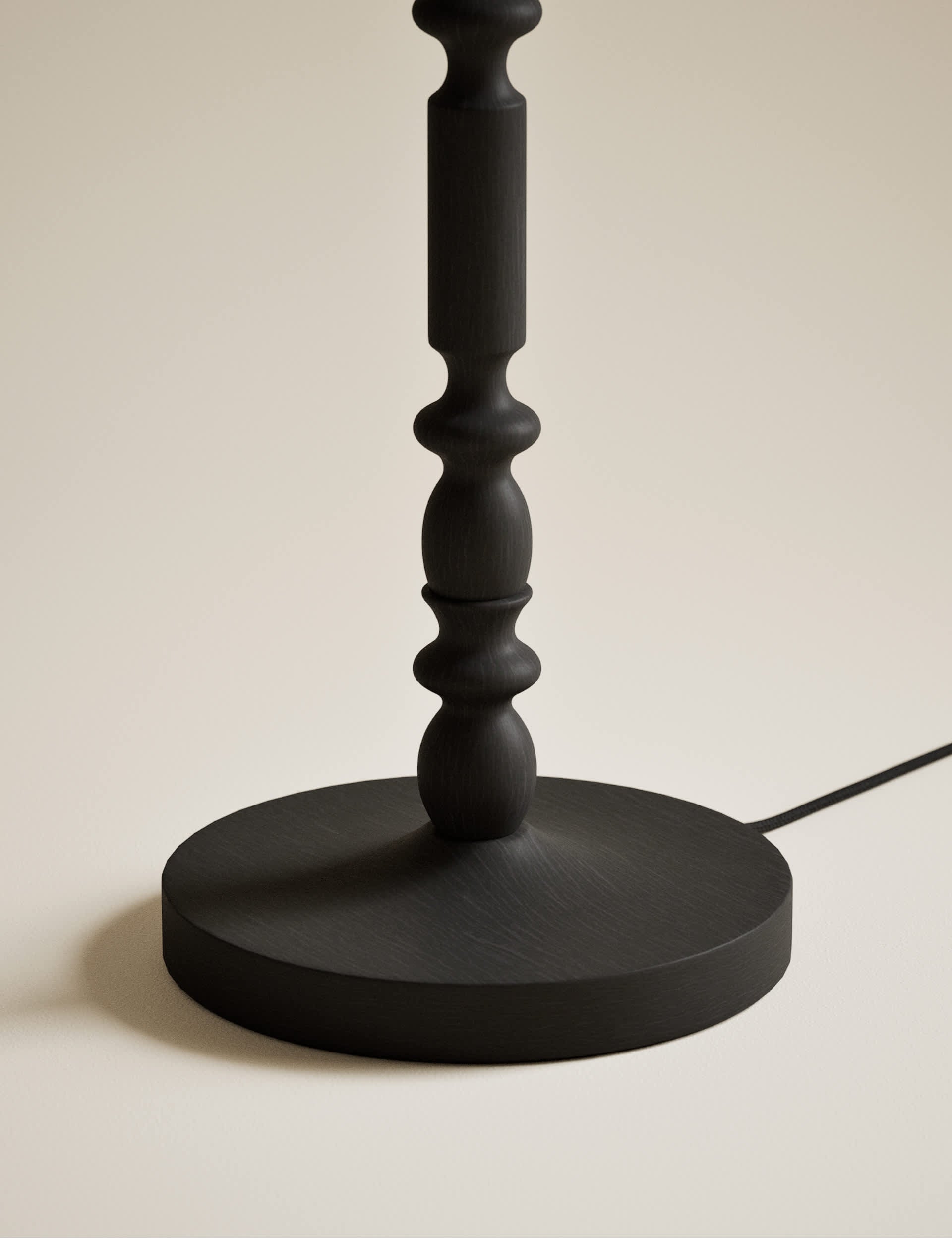 Bobbin floor lamp with wooden detailing and cylinder shade, imported from the UK