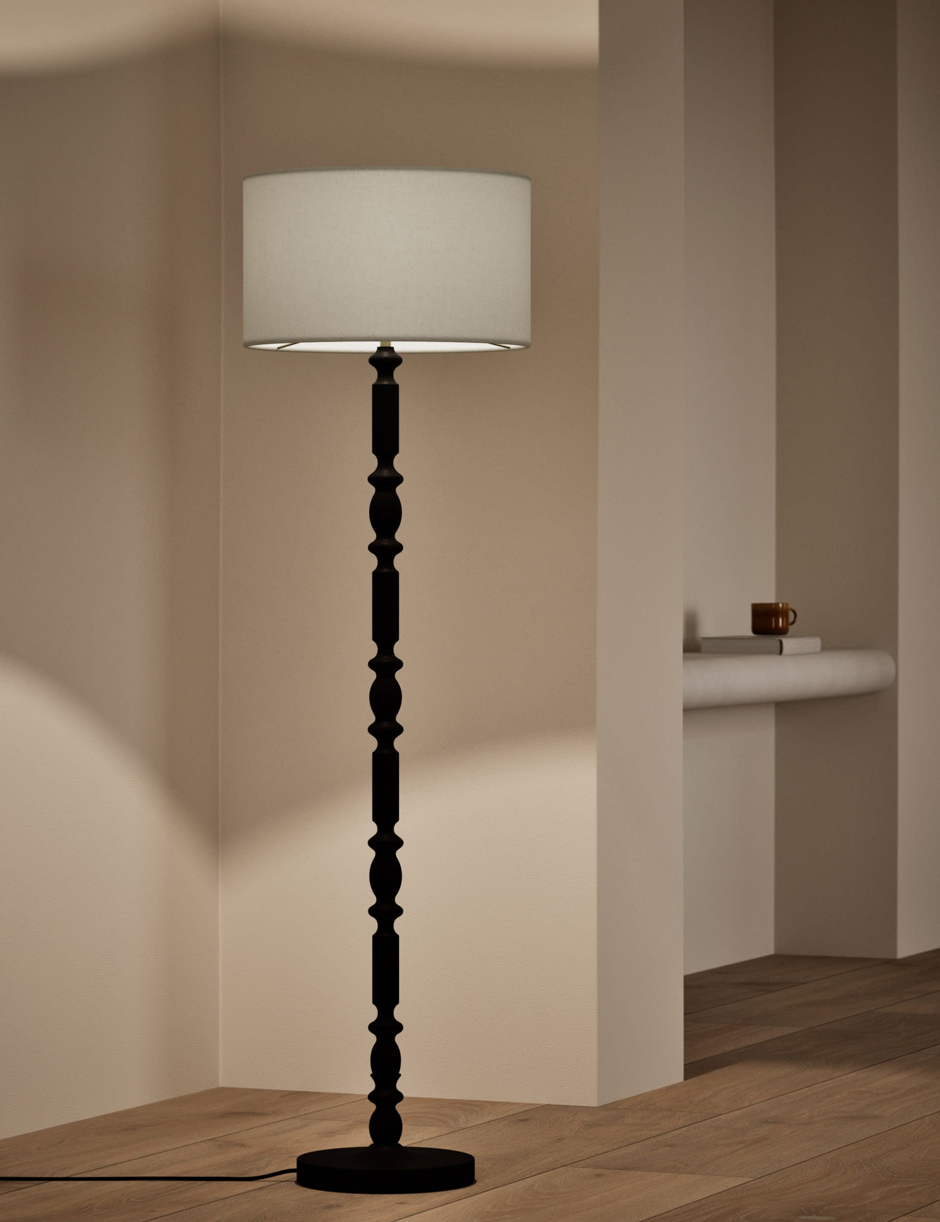 Bobbin floor lamp with wooden detailing and cylinder shade, imported from the UK