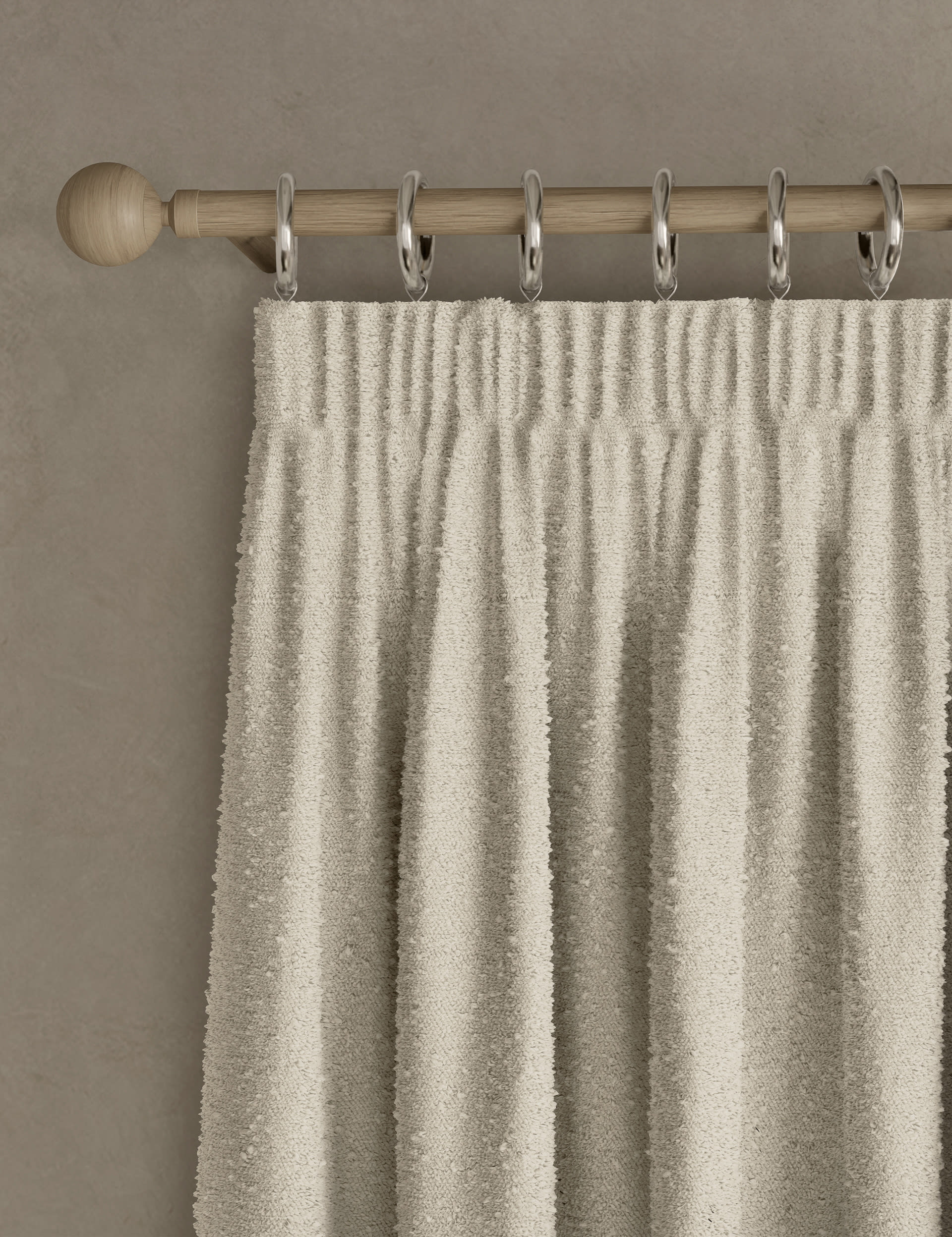 Boucle pencil pleat curtains (British brand)
