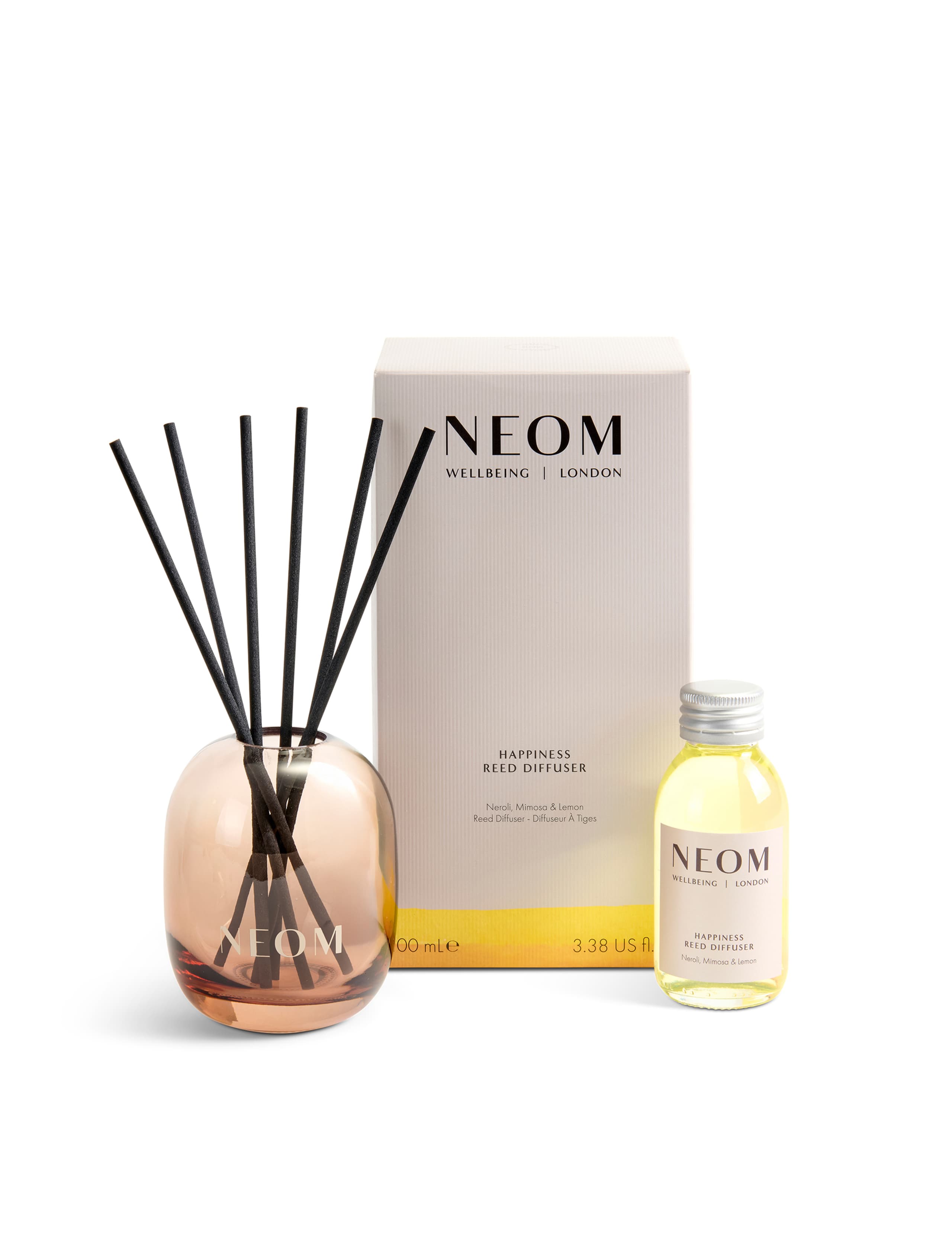 NEOM Happiness reed diffuser with neroli, mimosa, and lemon 100ml, UK version