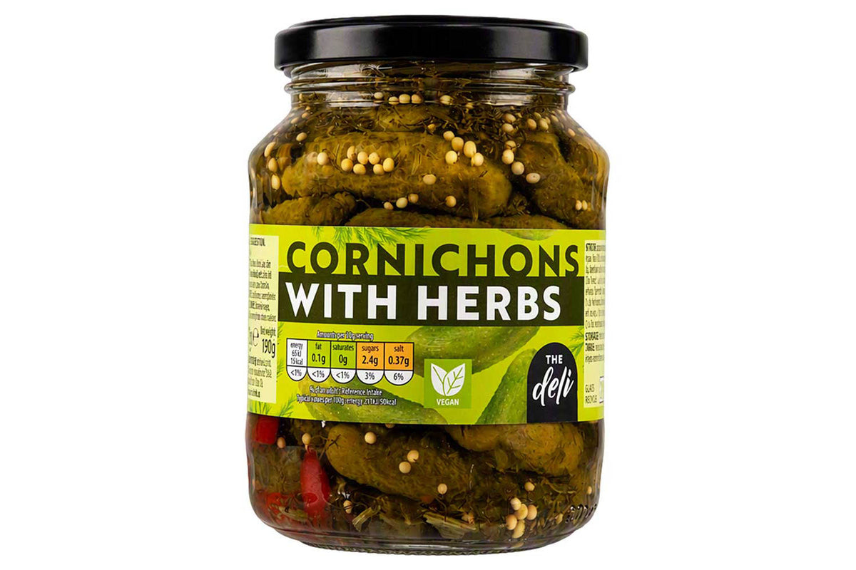 Cornichons and gherkins in herb brine, imported from the UK
