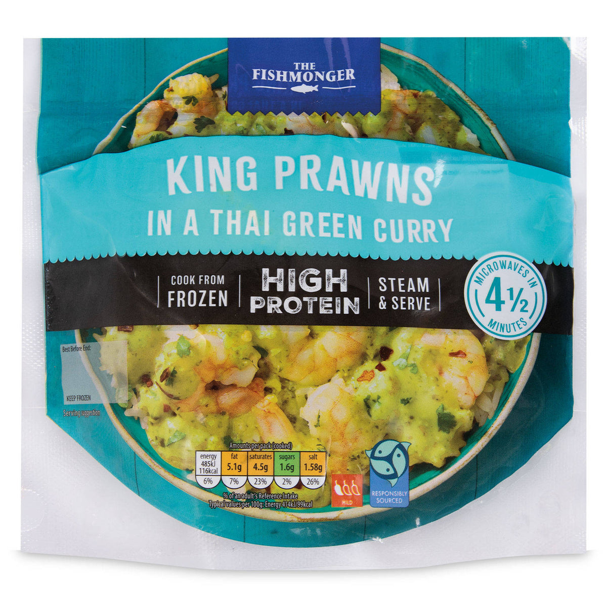 Raw peeled king prawns with Thai green curry sauce - British product