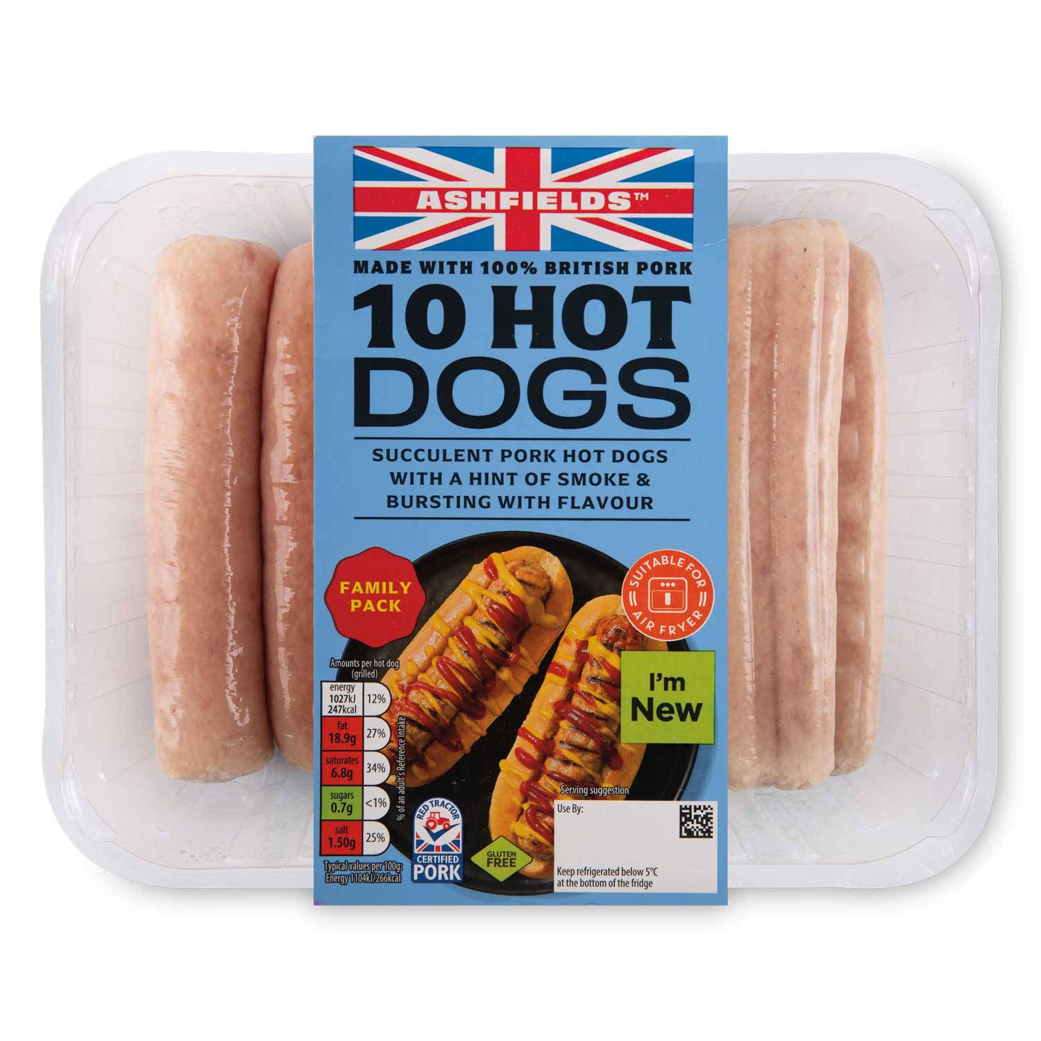 Ashfields brand hot dogs made with pork, UK version